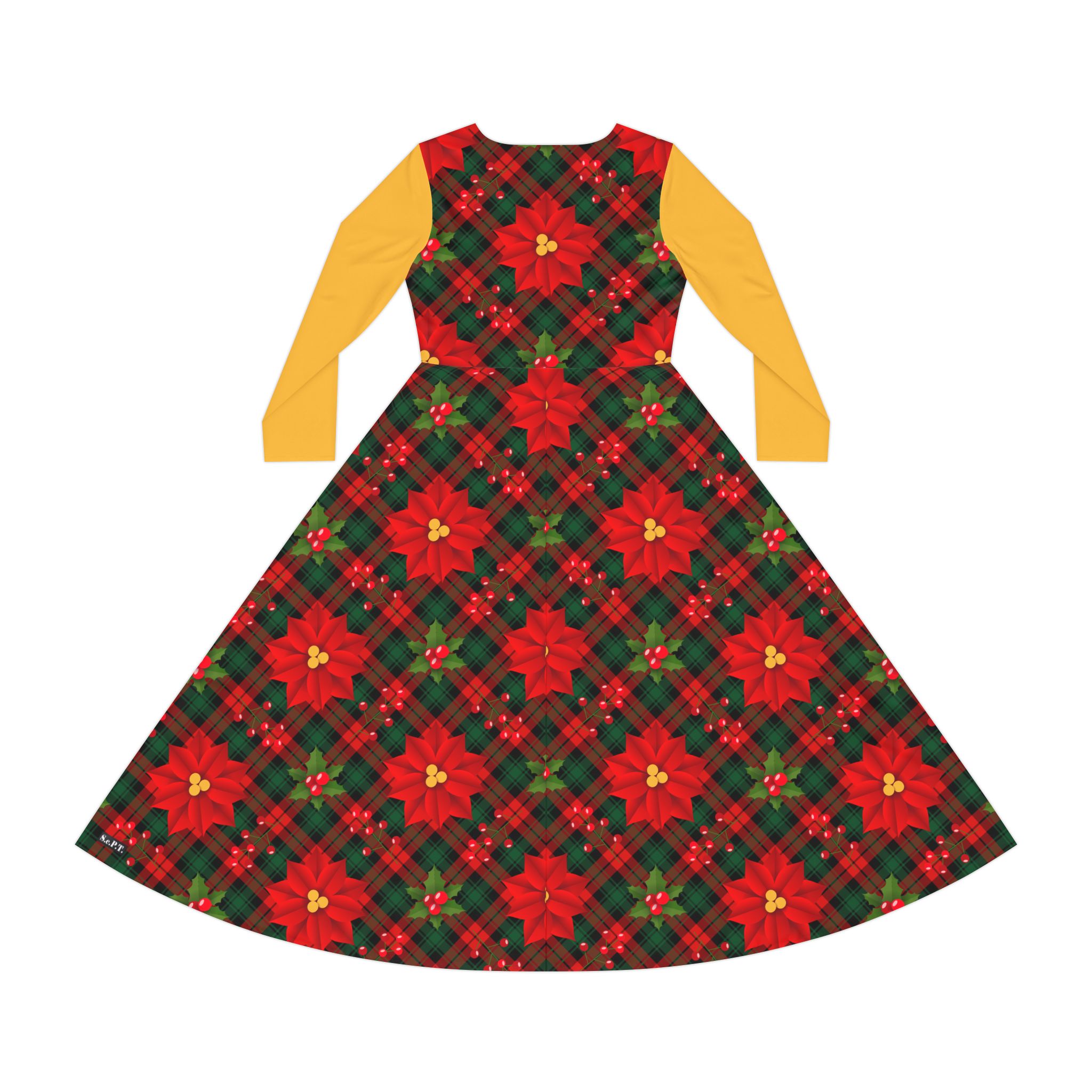 Christmas Poinsettia Tartan Plaid Print Women's Long Sleeve Dress (S.e.P.T.™)