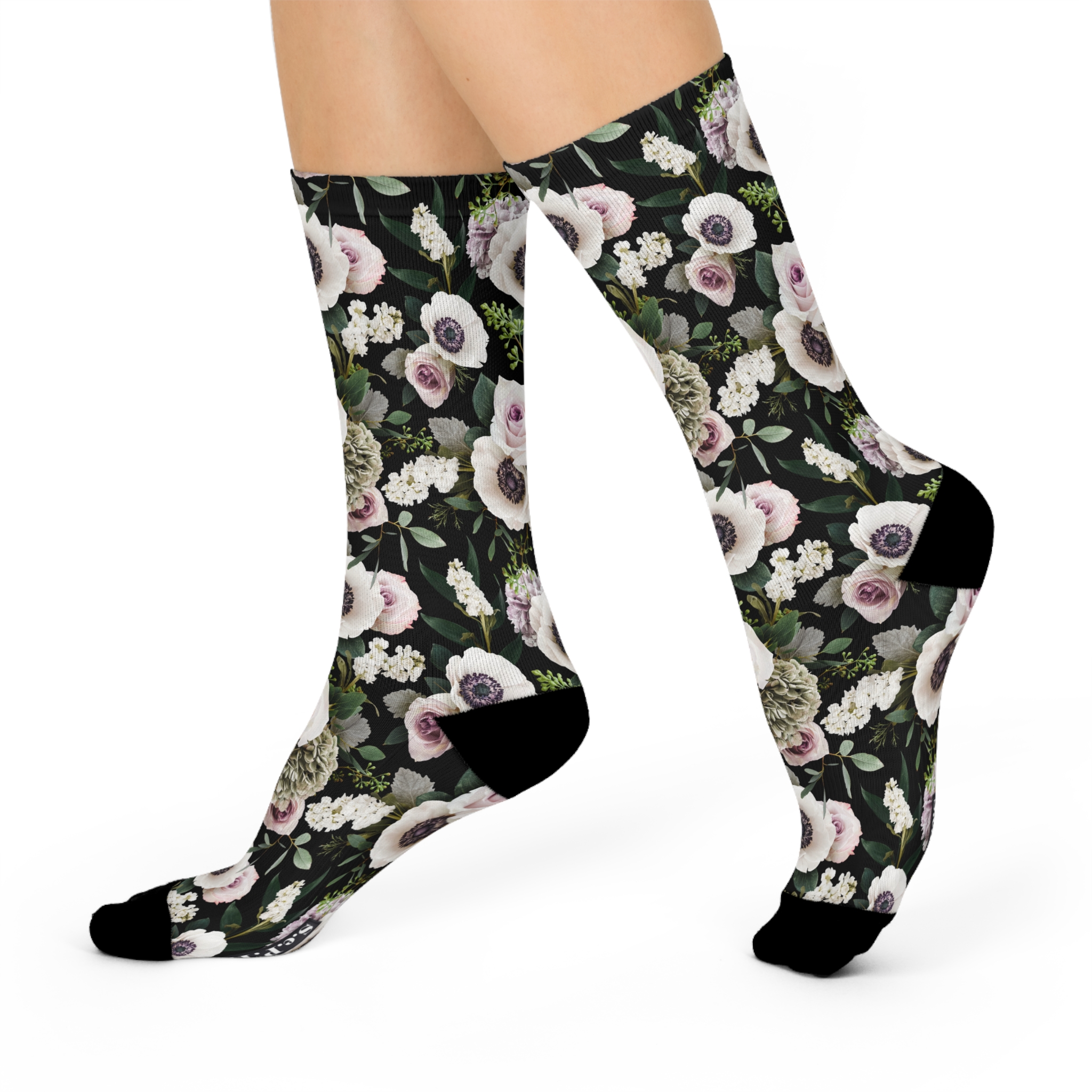 Sophisticated White Moody Floral Print Black Cushioned Crew Socks (S.e.P.T.™)