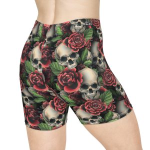 Gothic Skulls & Red Roses Print Women's Biker Shorts (S.e.P.T.™)