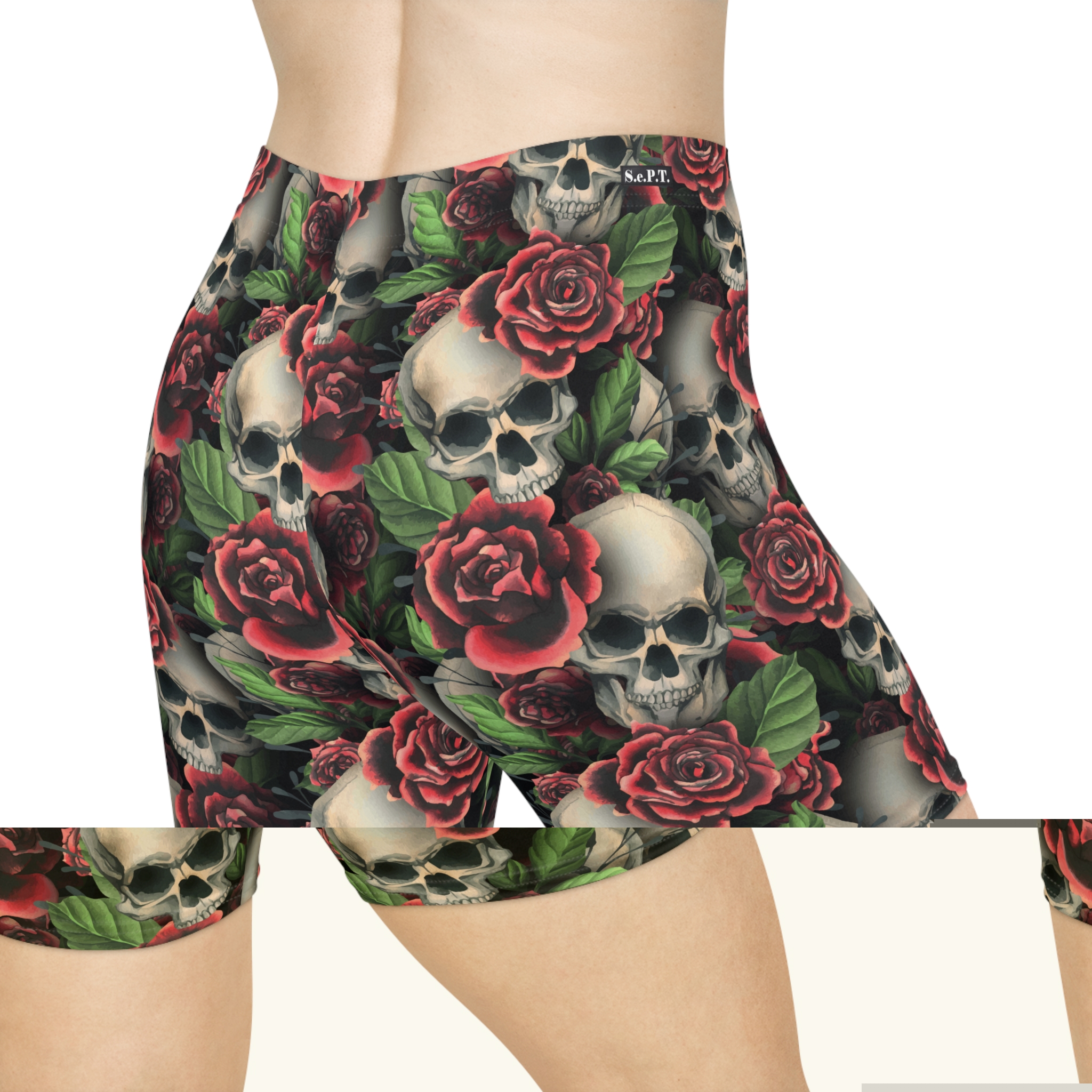Gothic Skulls & Red Roses Print Women's Biker Shorts (S.e.P.T.™)