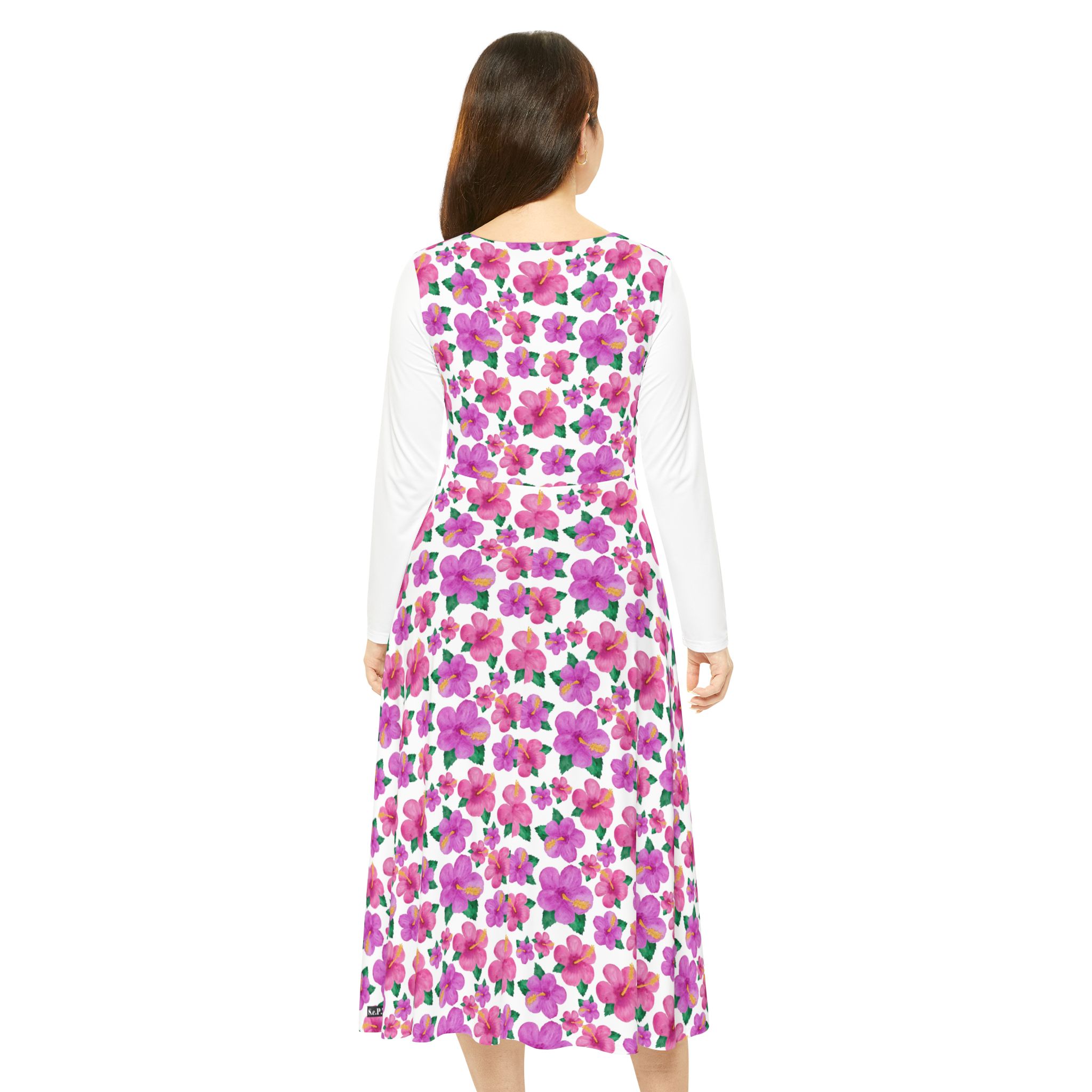 Bright Fuchsia Hibiscus Floral Print Women's Long Sleeve Dress (S.e.P.T.™)