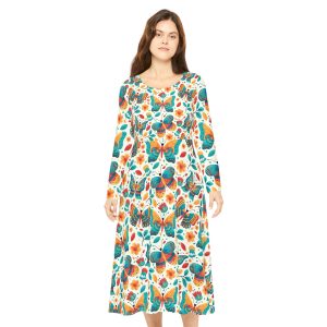 Whimsical Retro Butterfly Garden Print Women's Long Sleeve Dress (S.e.P.T.™)