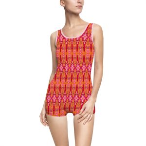 Bohemian Bright Fuchsia & Orange Geometric Pattern Women's Vintage Swimsuit (S.e.P.T.™)