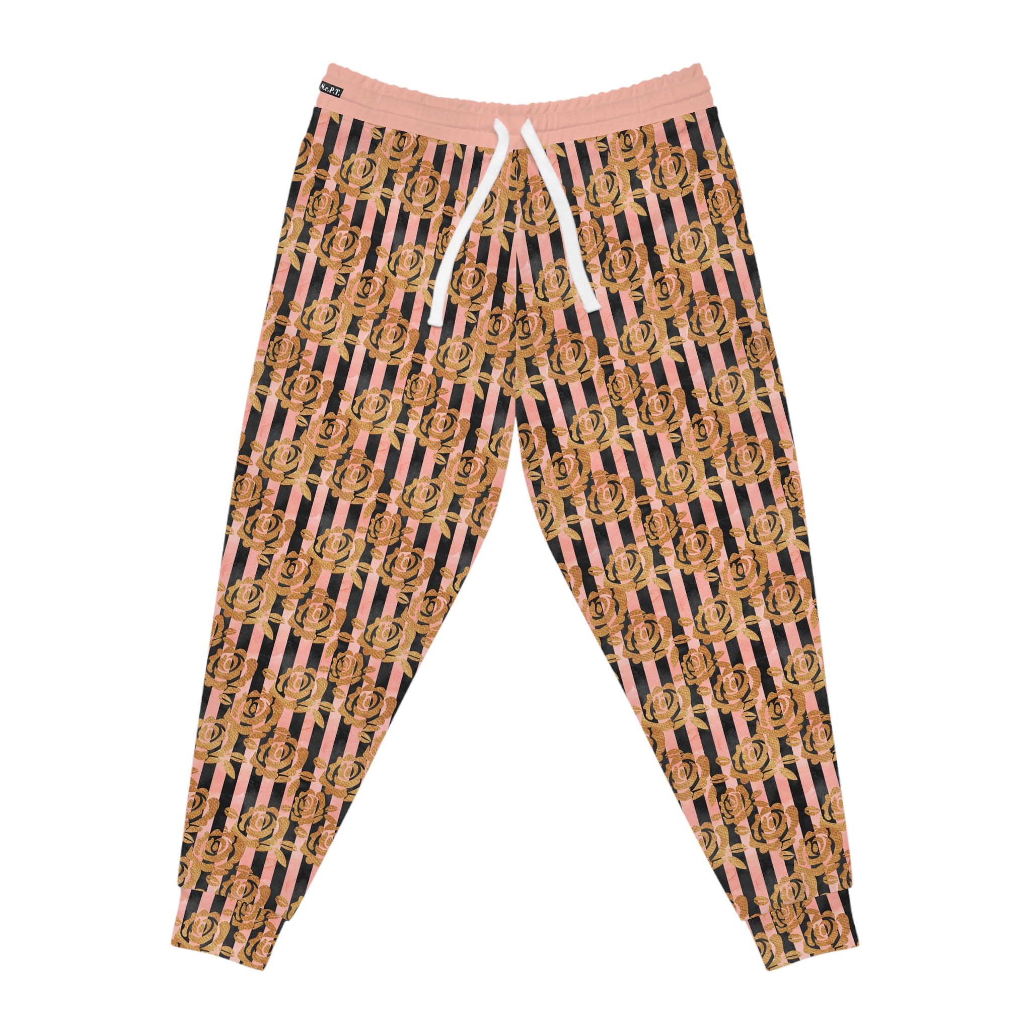 Designer Gold Rose Stripe Print Gold Pockets Athletic Joggers (S.e.P.T.™)