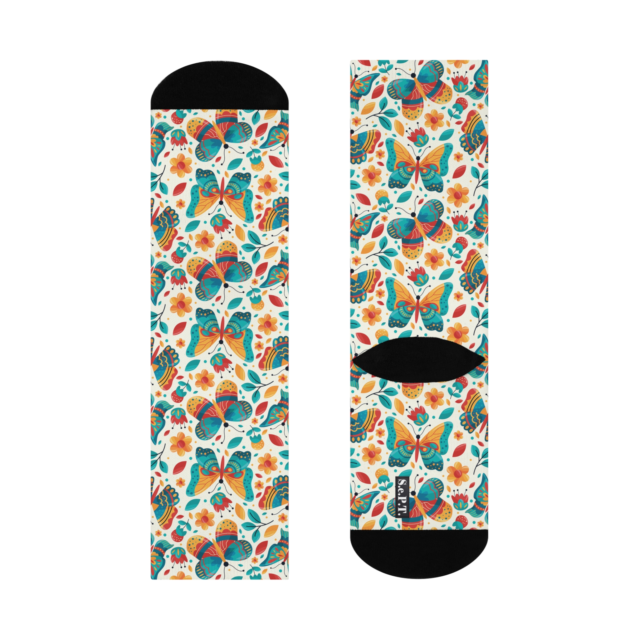 Whimsical Retro Butterfly Garden Print Cushioned Crew Socks (S.e.P.T.™)