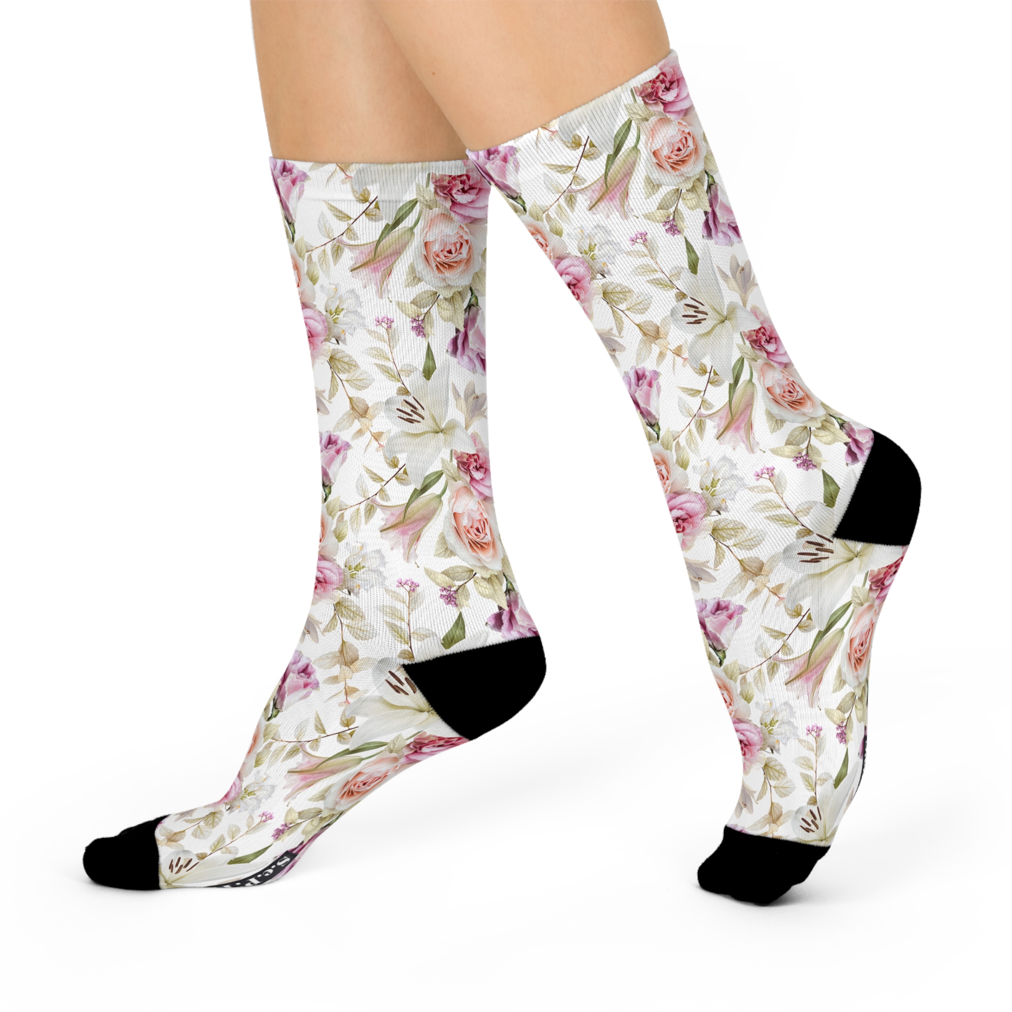 Romantic Blush Rose & White Lily Floral Print Cushioned Crew Socks (S.e.P.T.™)