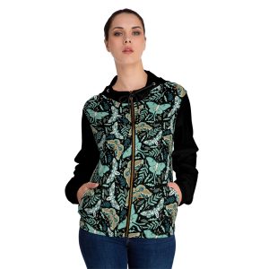 Dark Moody Teal Butterfly & Botanical Women’s Full-Zip Hoodie (S.e.P.T.™)