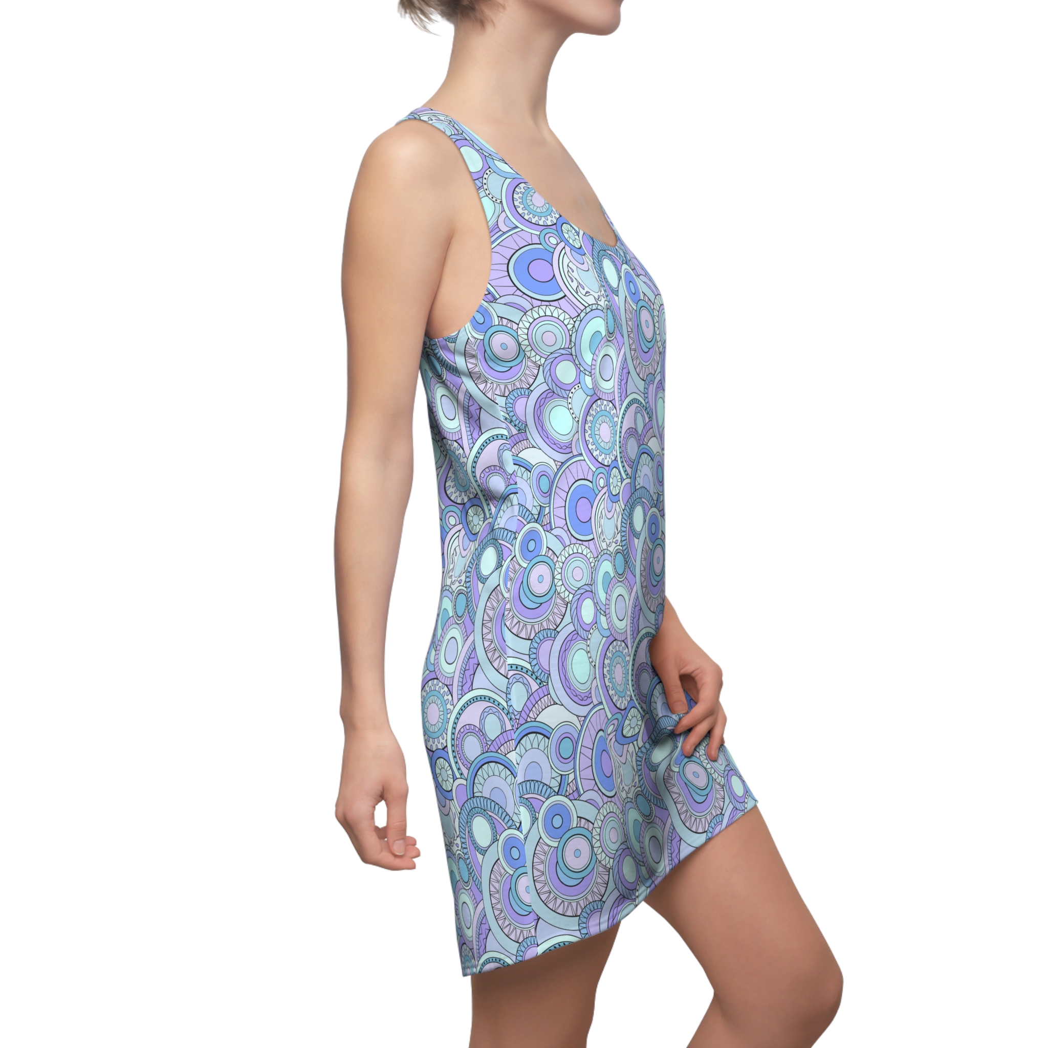 Pale Blue Groovy Swirl Mandala Print Women's Racerback Dress (S.e.P.T.™)
