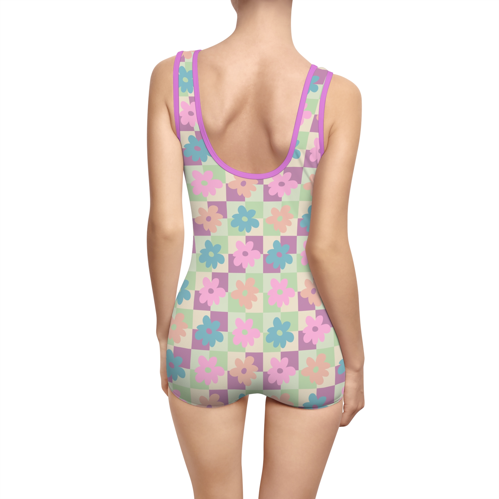 Retro Checkerboard Bloom Women's Vintage Swimsuit (S.e.P.T.™)
