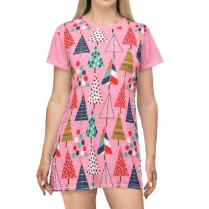 Pink Retro Christmas Tree T-Shirt Dress (S.e.P.T.™)