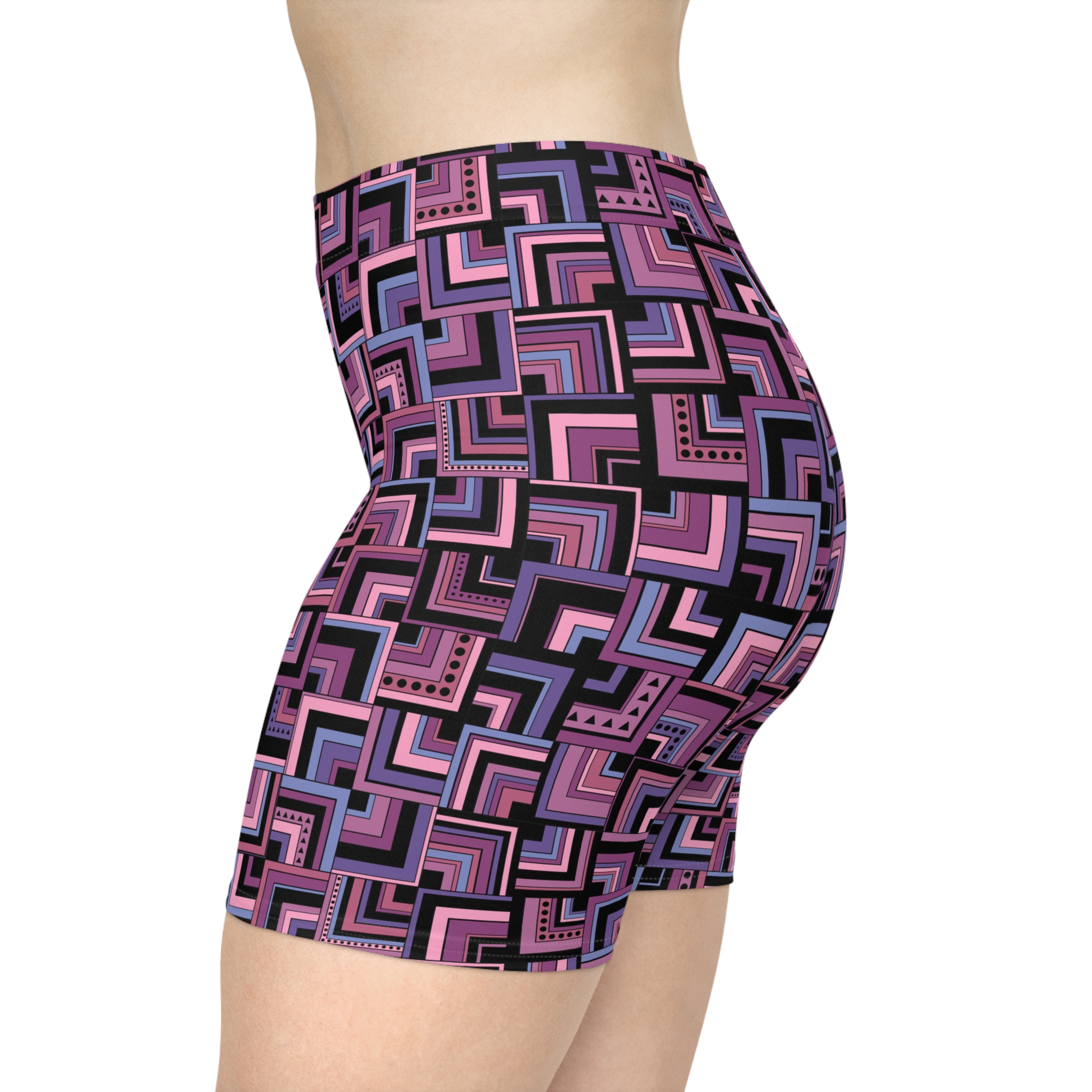 Purple Retro Corner Block Geometric Print Women's Biker Shorts (S.e.P.T.™)