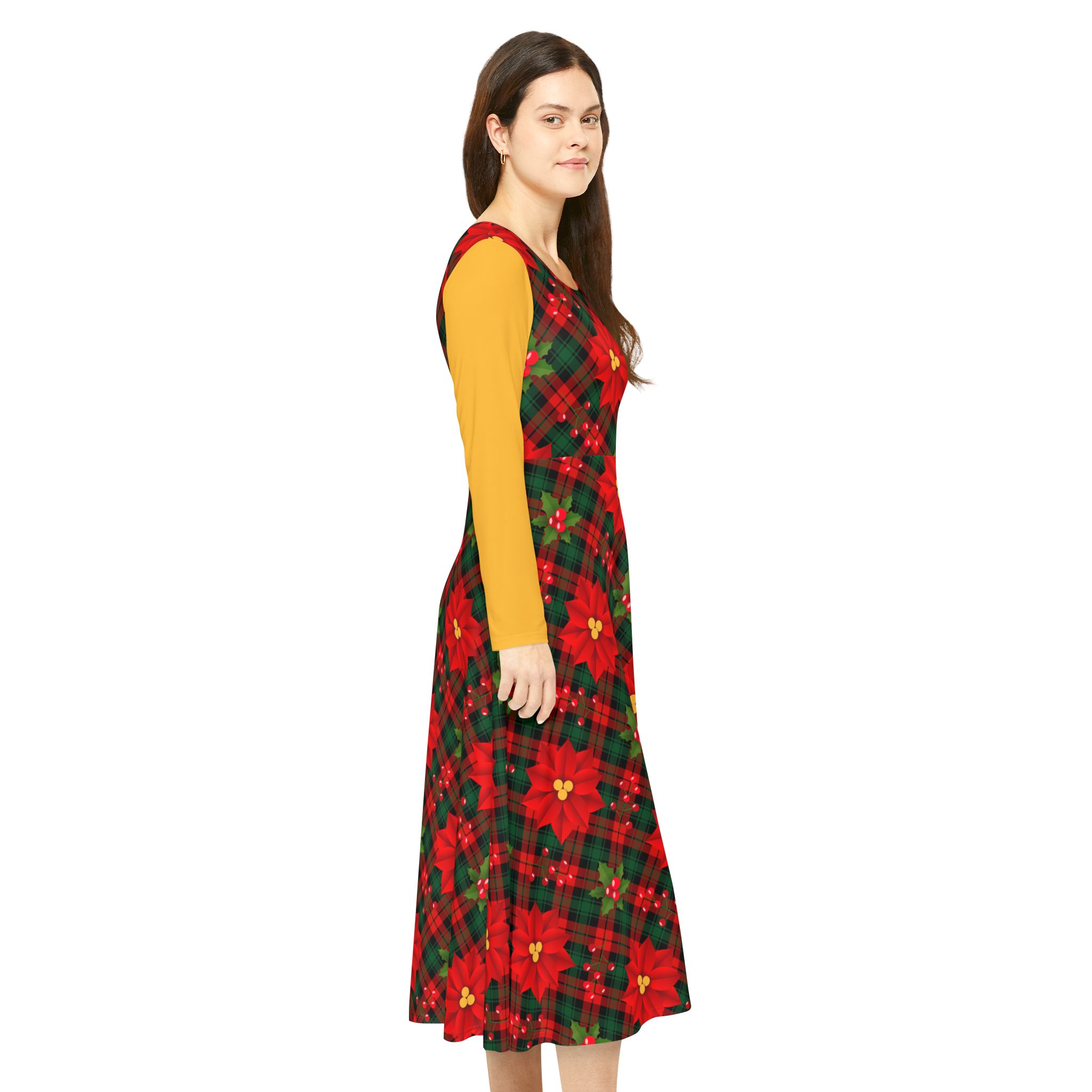 Christmas Poinsettia Tartan Plaid Print Women's Long Sleeve Dress (S.e.P.T.™)