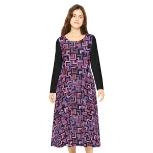 Purple Retro Corner Block Geometric Print Women's Long Sleeve Dress (S.e.P.T.™)
