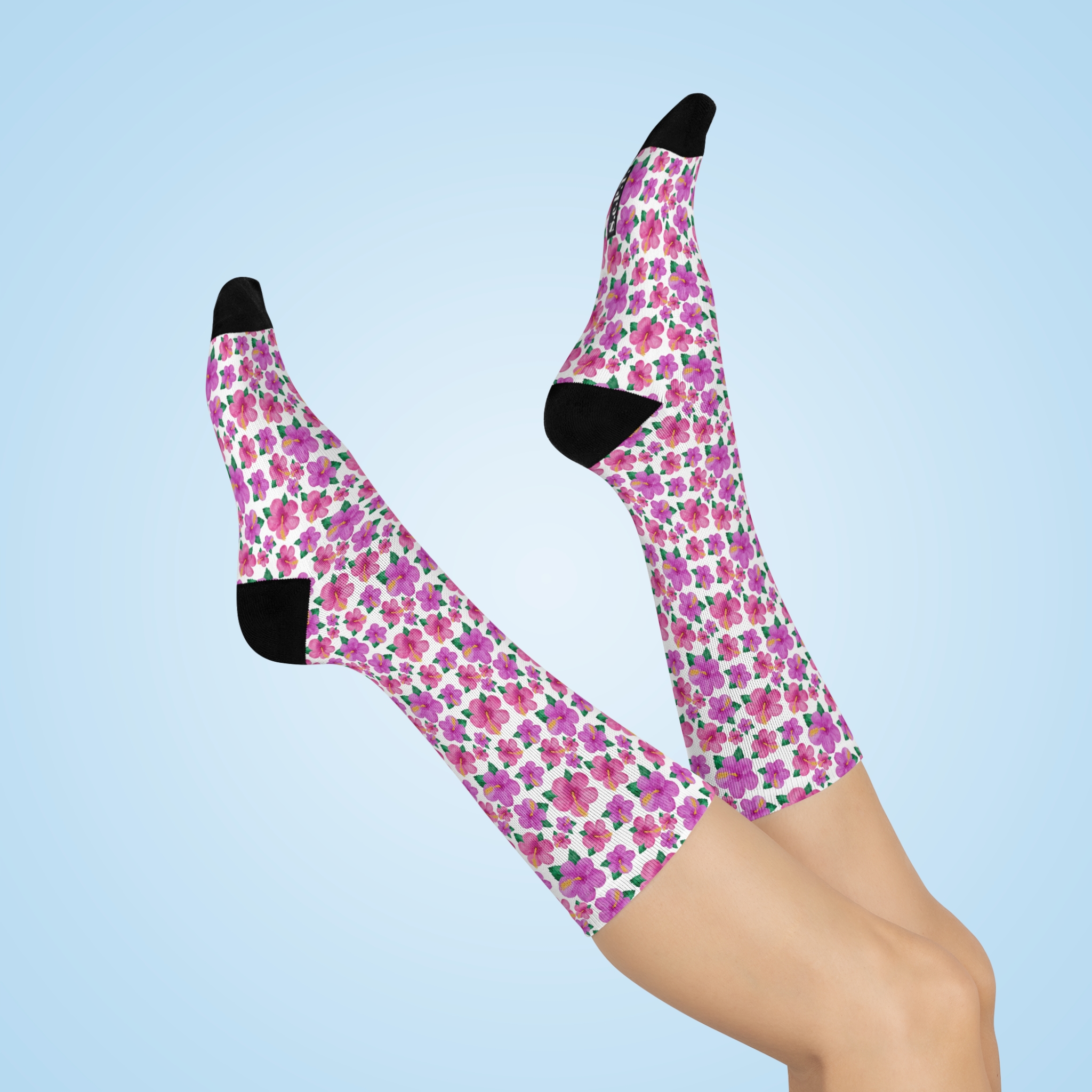 Bright Fuchsia Hibiscus Floral Print Cushioned Crew Socks (S.e.P.T.™)