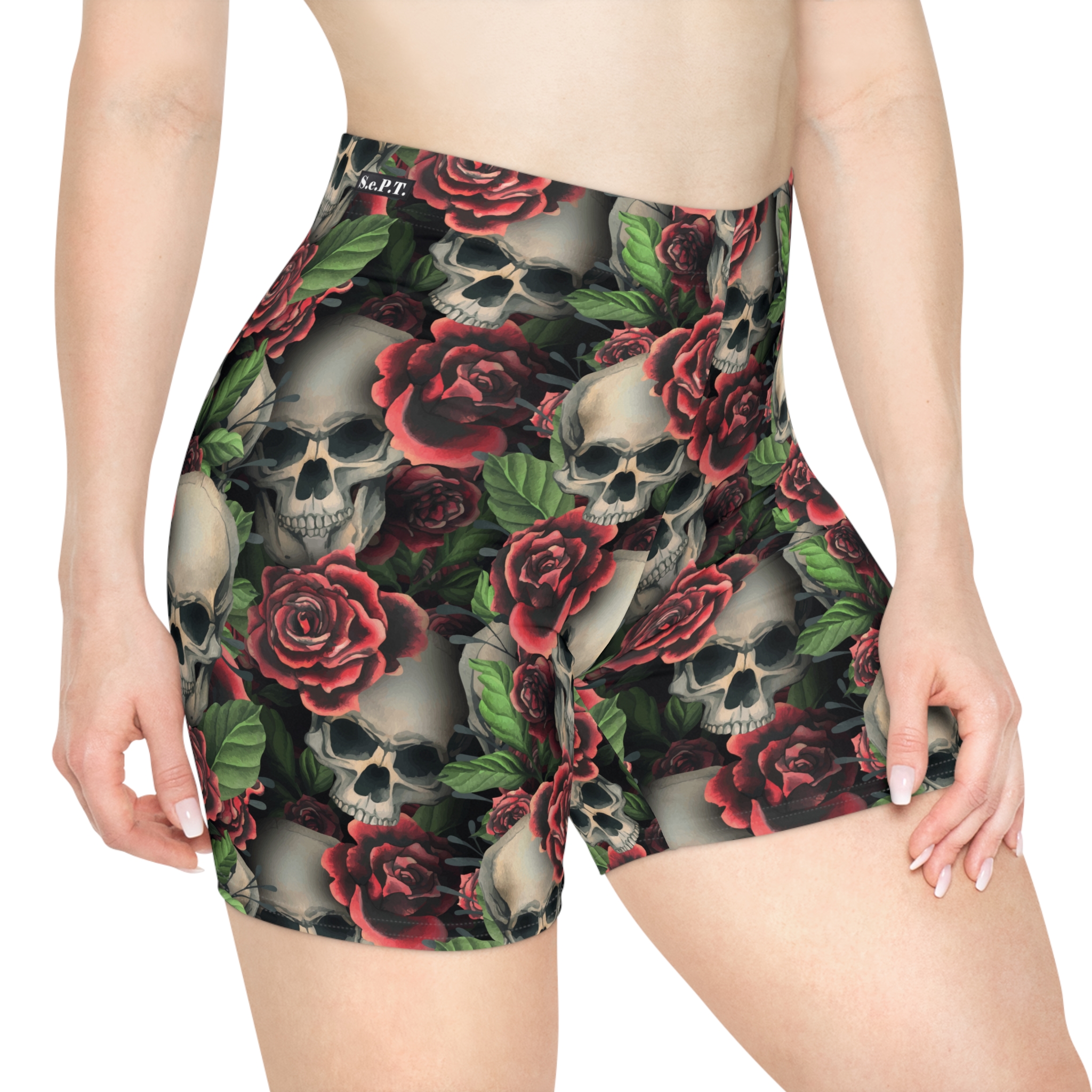 Gothic Skulls & Red Roses Print Women's Biker Shorts (S.e.P.T.™)