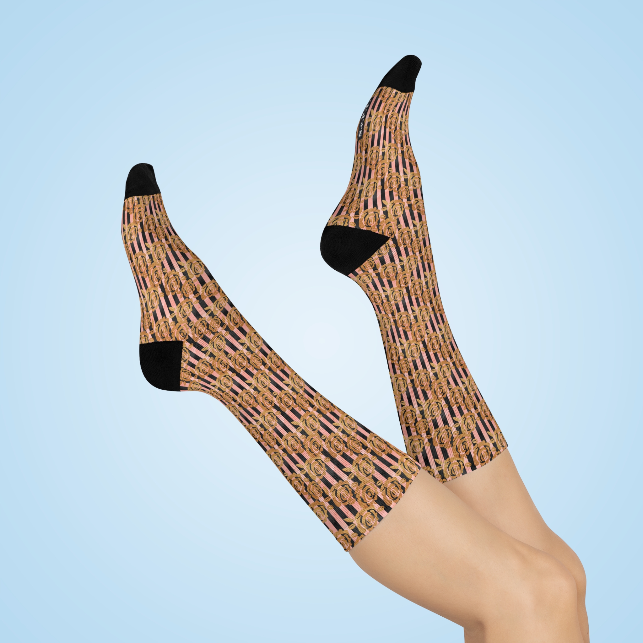 Designer Gold Rose Stripe Print Cushioned Crew Socks (S.e.P.T.™)