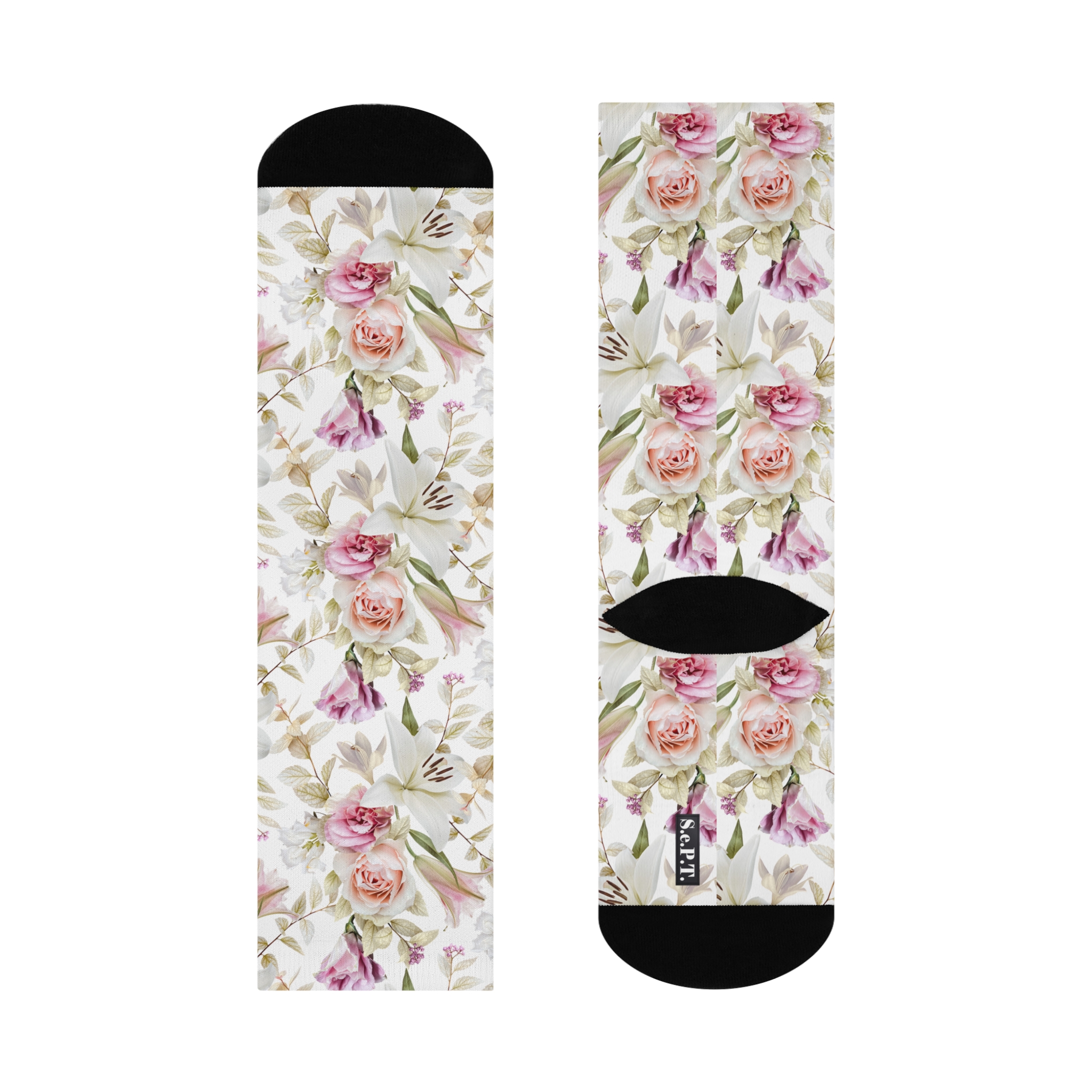 Romantic Blush Rose & White Lily Floral Print Cushioned Crew Socks (S.e.P.T.™)