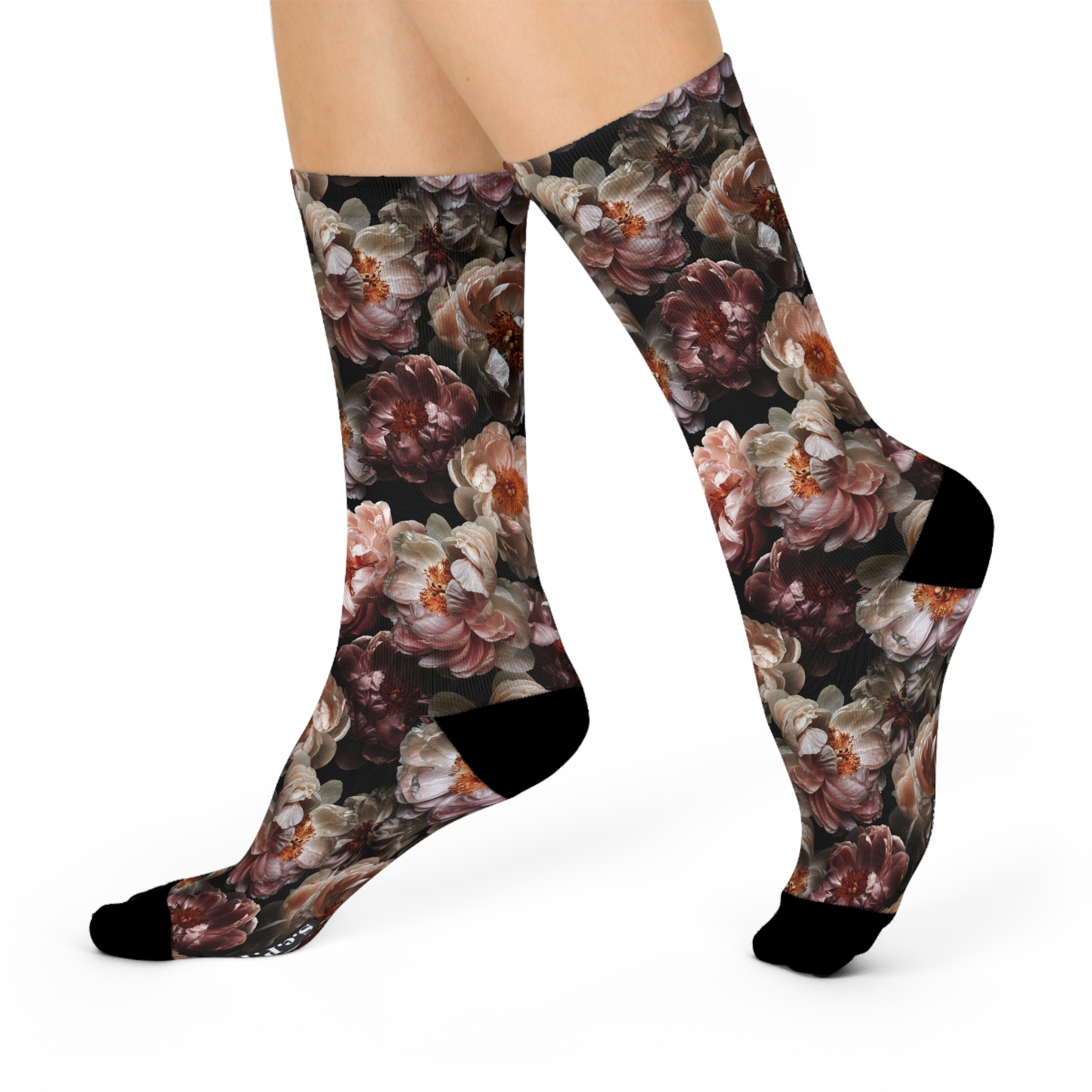 Romantic Antique Rose Botanical Print Black Cushioned Crew Socks (S.e.P.T.™)