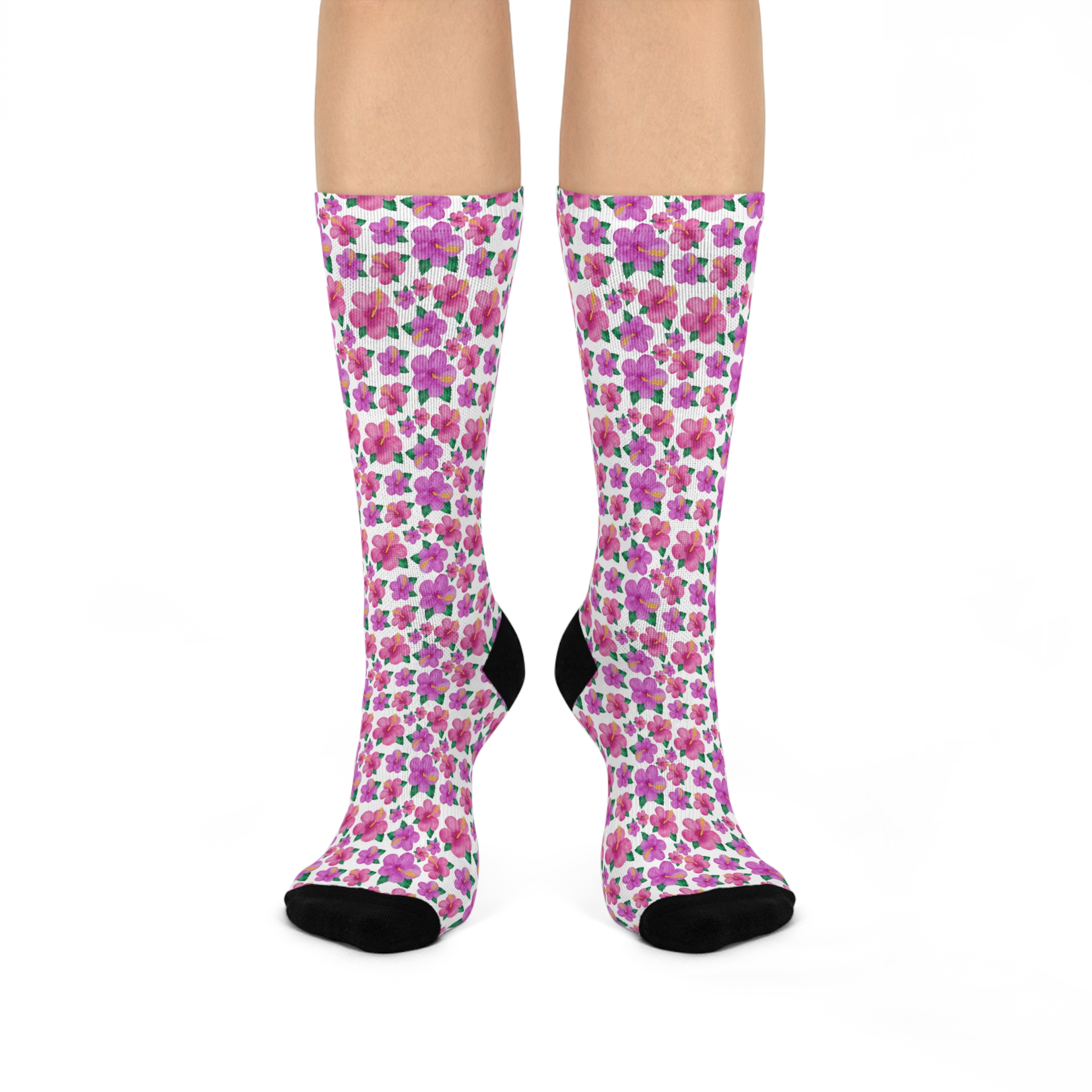 Bright Fuchsia Hibiscus Floral Print Cushioned Crew Socks (S.e.P.T.™)