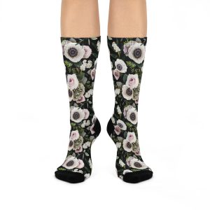 Sophisticated White Moody Floral Print Black Cushioned Crew Socks (S.e.P.T.™)