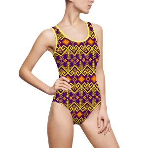Tribal Maze Geometric Gold & Purple Print Women's Classic One-Piece Swimsuit (S.e.P.T.™)
