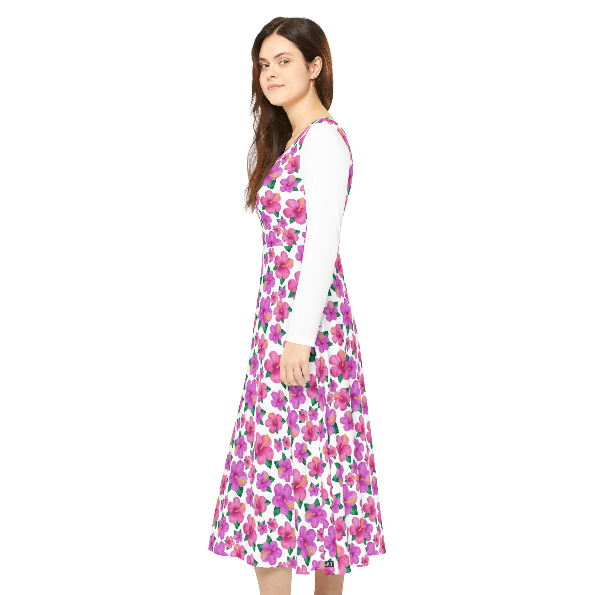 Bright Fuchsia Hibiscus Floral Print Women's Long Sleeve Dress (S.e.P.T.™)