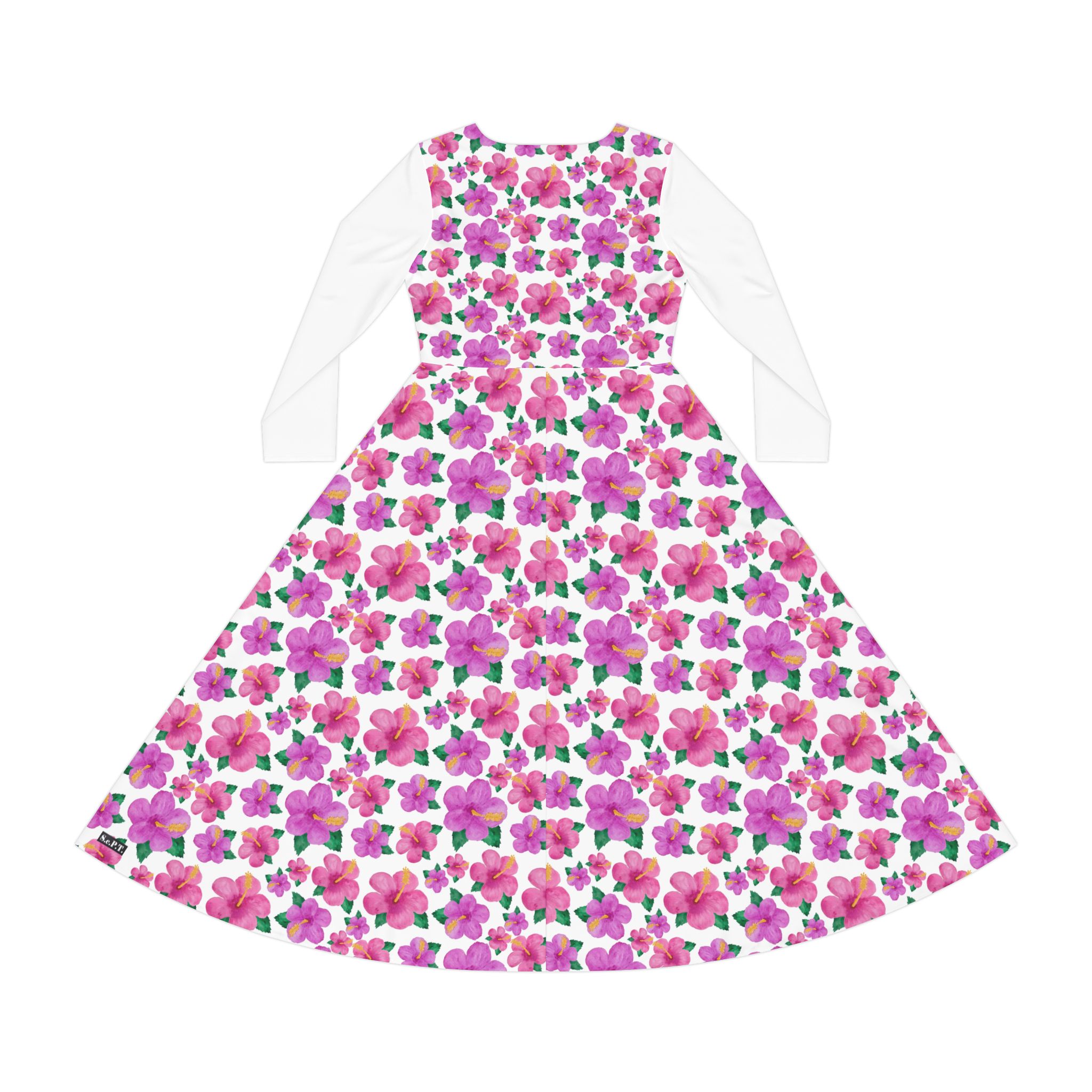 Bright Fuchsia Hibiscus Floral Print Women's Long Sleeve Dress (S.e.P.T.™)