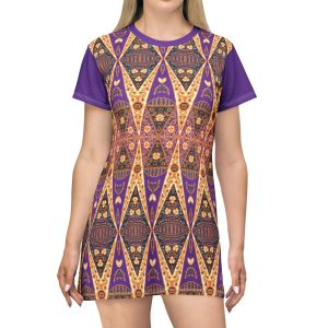 Bohemian Regal Purple and Tan Geometric Pattern T-Shirt Dress (S.e.P.T.™)