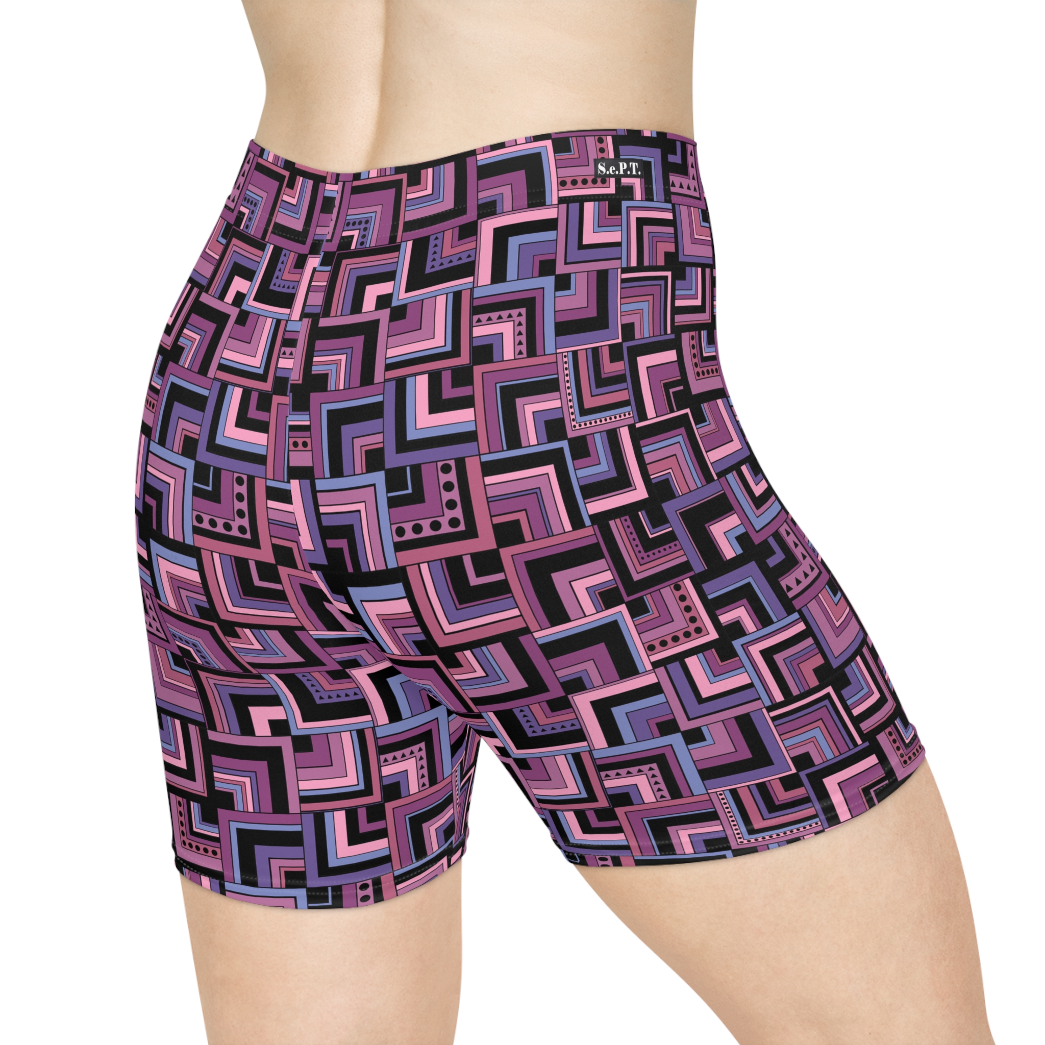Purple Retro Corner Block Geometric Print Women's Biker Shorts (S.e.P.T.™)
