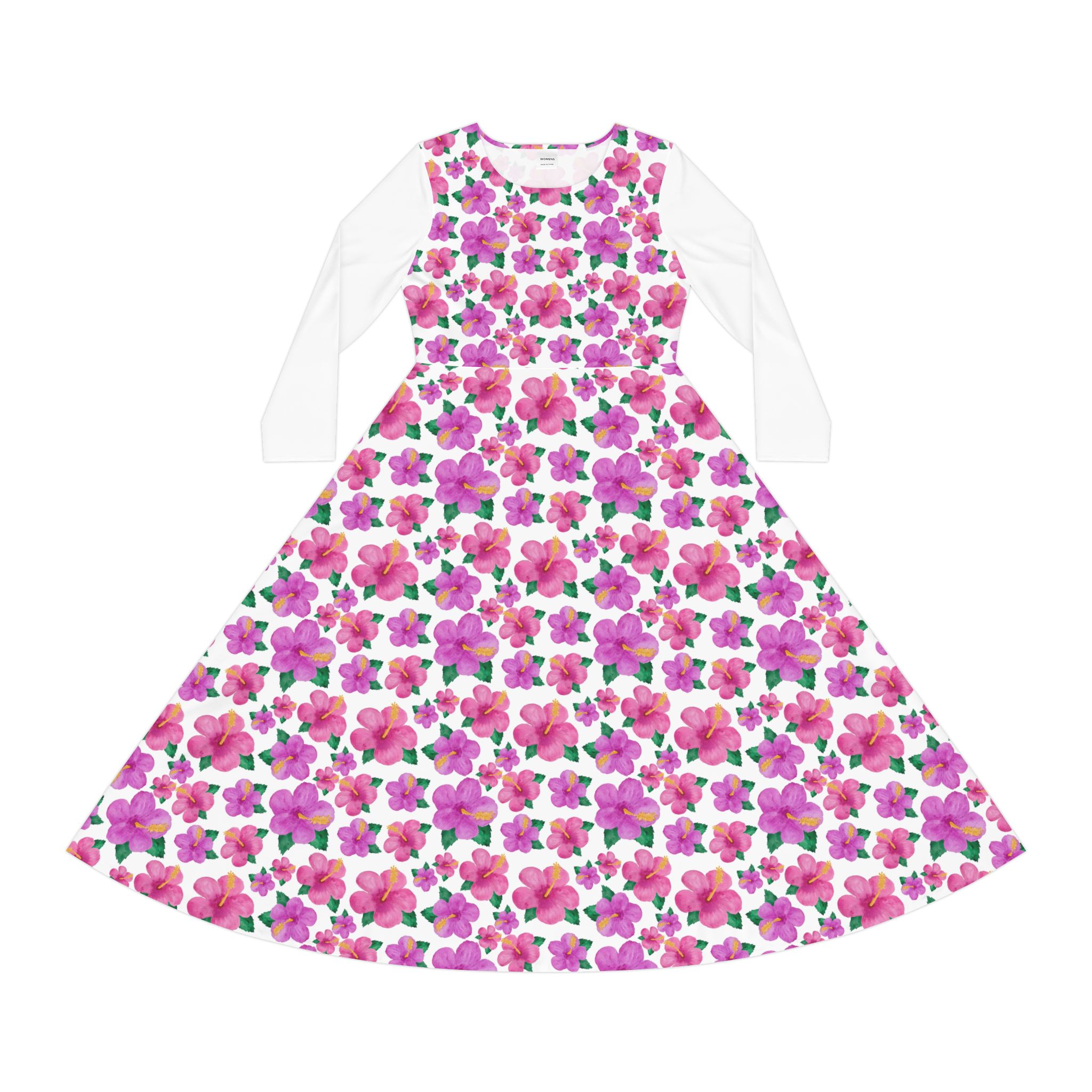 Bright Fuchsia Hibiscus Floral Print Women's Long Sleeve Dress (S.e.P.T.™)