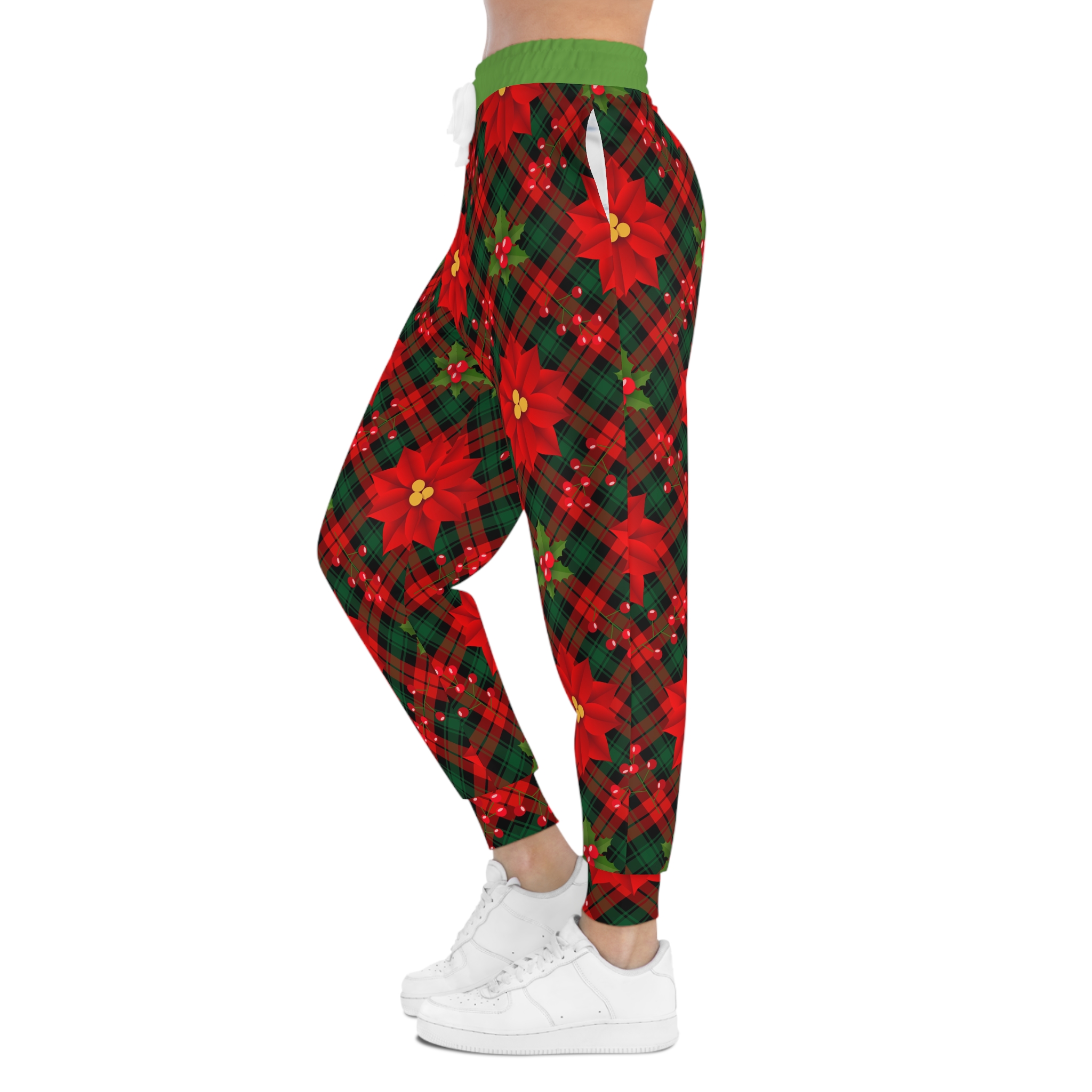 Christmas Poinsettia Tartan Plaid Print w/Treasure Pockets™ Athletic Joggers (S.e.P.T.™)