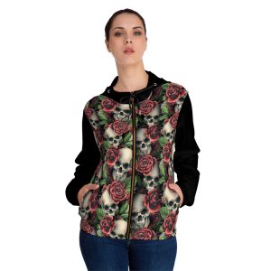 Gothic Skulls & Red Roses Print Women’s Full-Zip Hoodie (S.e.P.T.™)