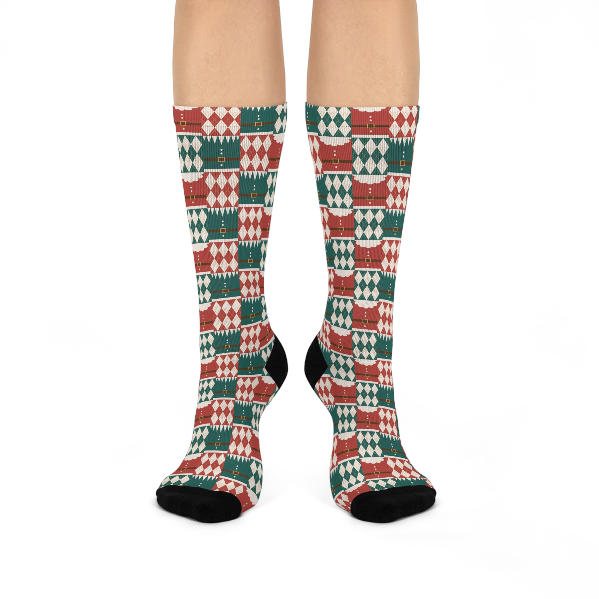Holiday Santa Suit & Harlequin Quilt Pattern Cushioned Crew Socks (S.e.P.T.™)