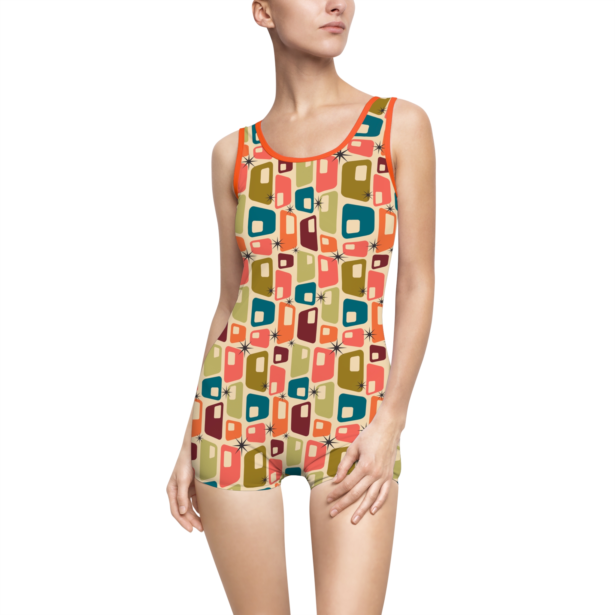 Mid-Century Atomic Retro Squares Print Women's Vintage Swimsuit (S.e.P.T.™)
