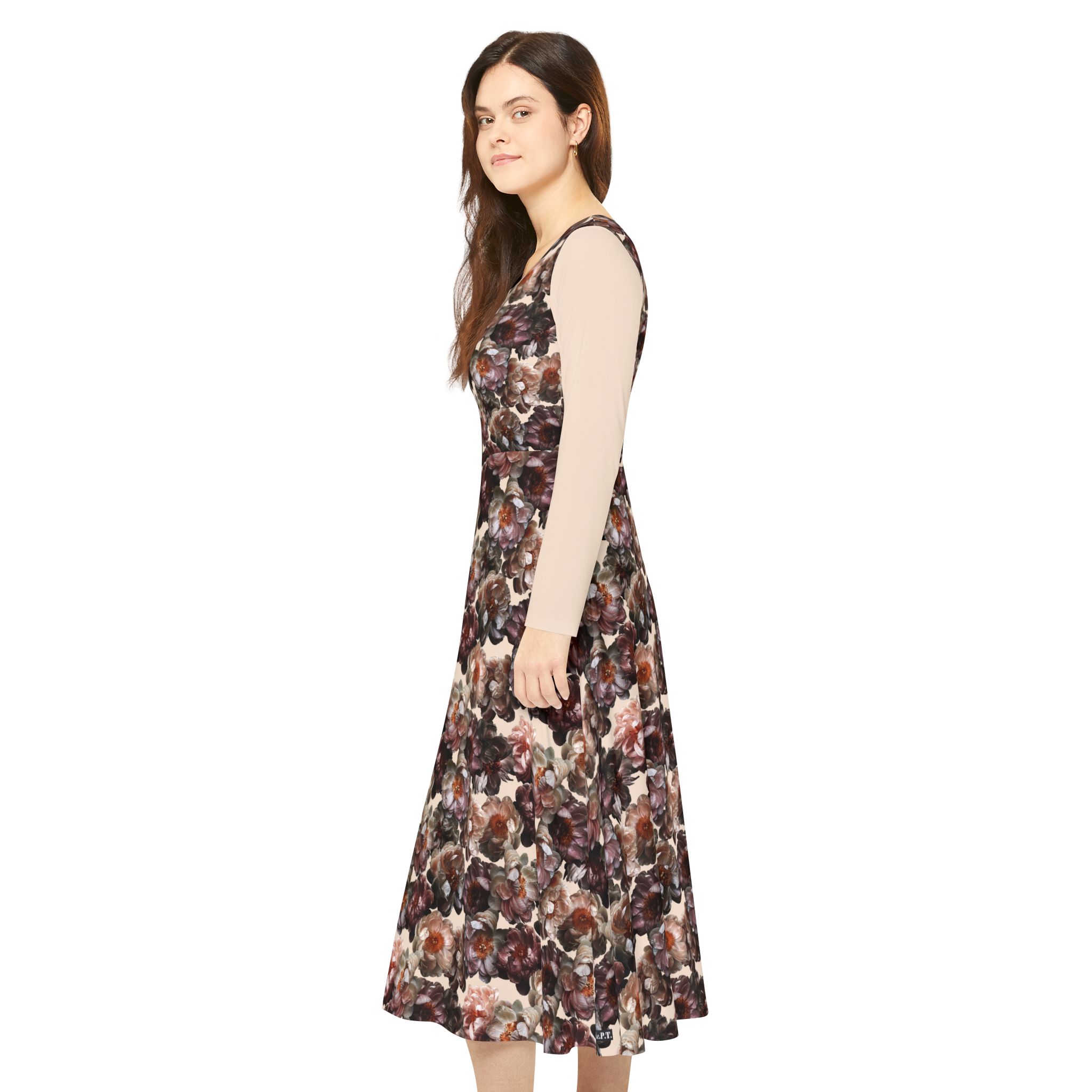 Romantic Vintage Rose Bouquet Botanical Print Tan Women's Long Sleeve Dress (S.e.P.T.™)