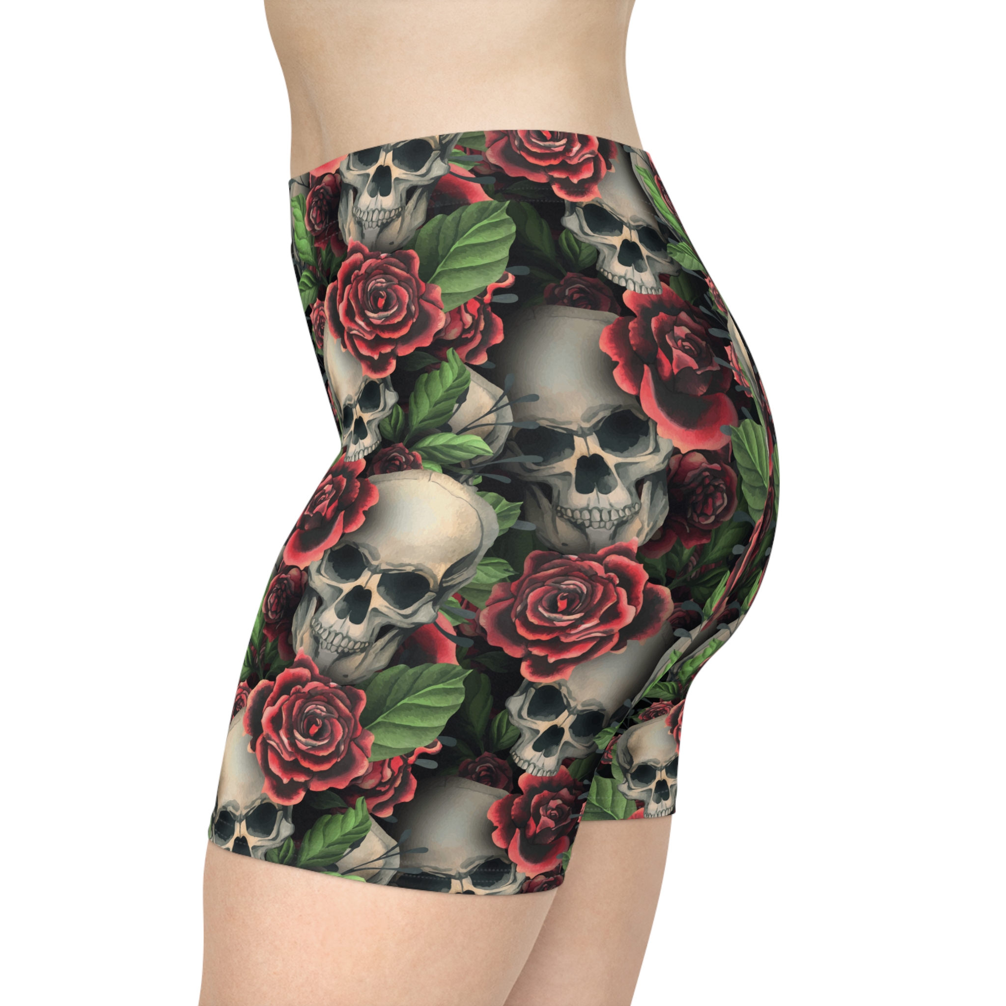 Gothic Skulls & Red Roses Print Women's Biker Shorts (S.e.P.T.™)