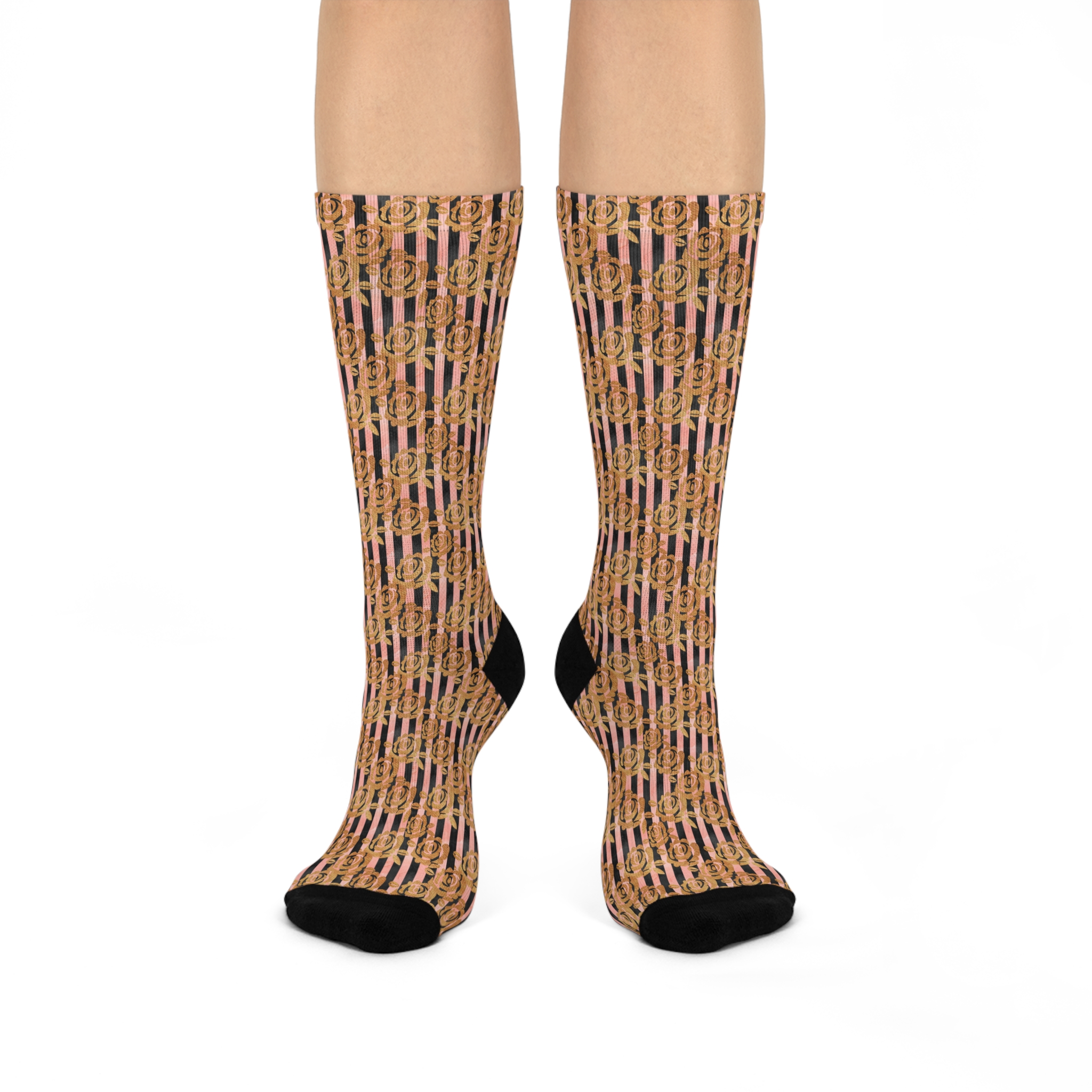 Designer Gold Rose Stripe Print Cushioned Crew Socks (S.e.P.T.™)
