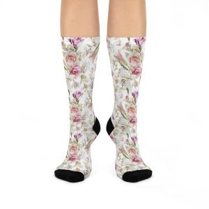 Romantic Blush Rose & White Lily Floral Print Cushioned Crew Socks (S.e.P.T.™)