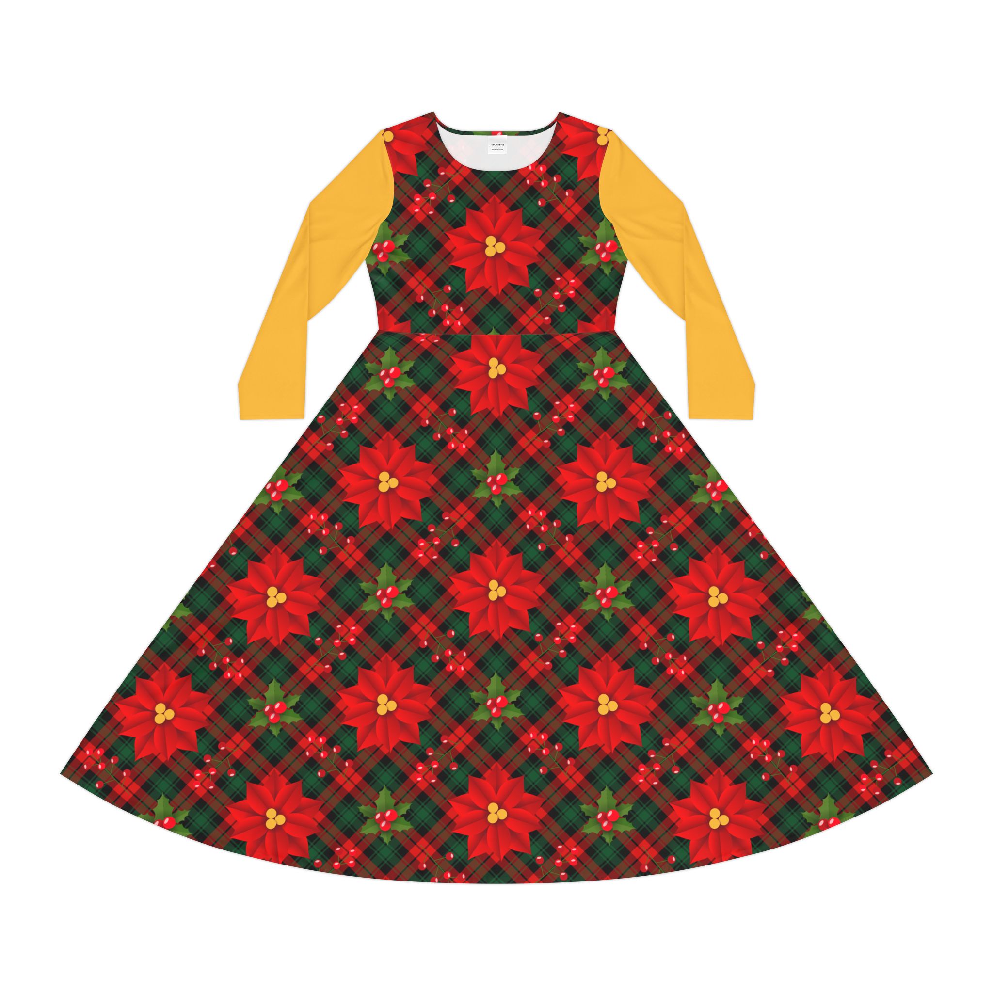 Christmas Poinsettia Tartan Plaid Print Women's Long Sleeve Dress (S.e.P.T.™)