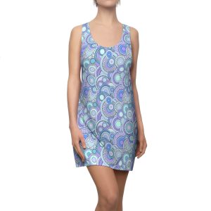 Pale Blue Groovy Swirl Mandala Print Women's Racerback Dress (S.e.P.T.™)