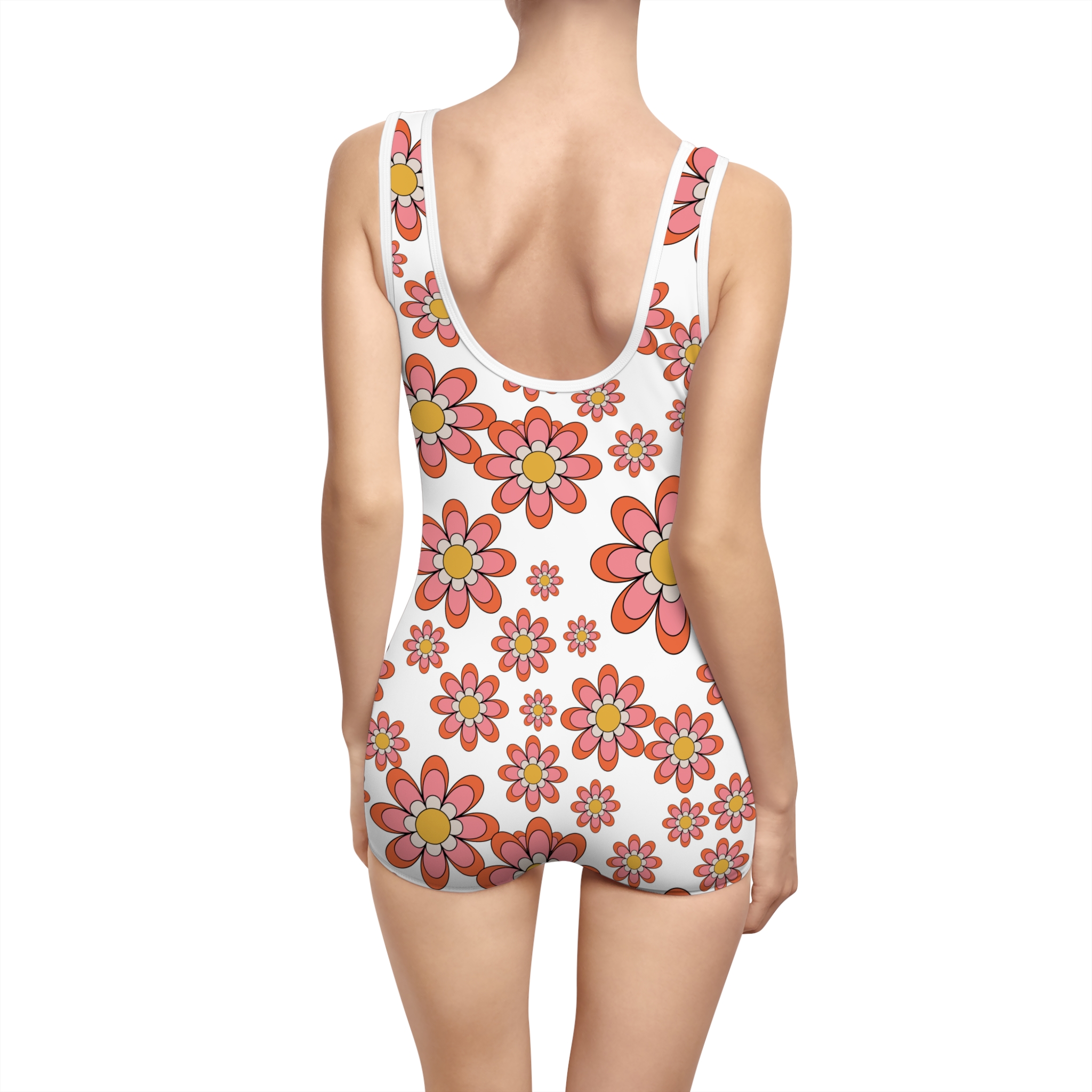 Retro Fun Pink Daisy Floral Print Women's Vintage Swimsuit (S.e.P.T.™)