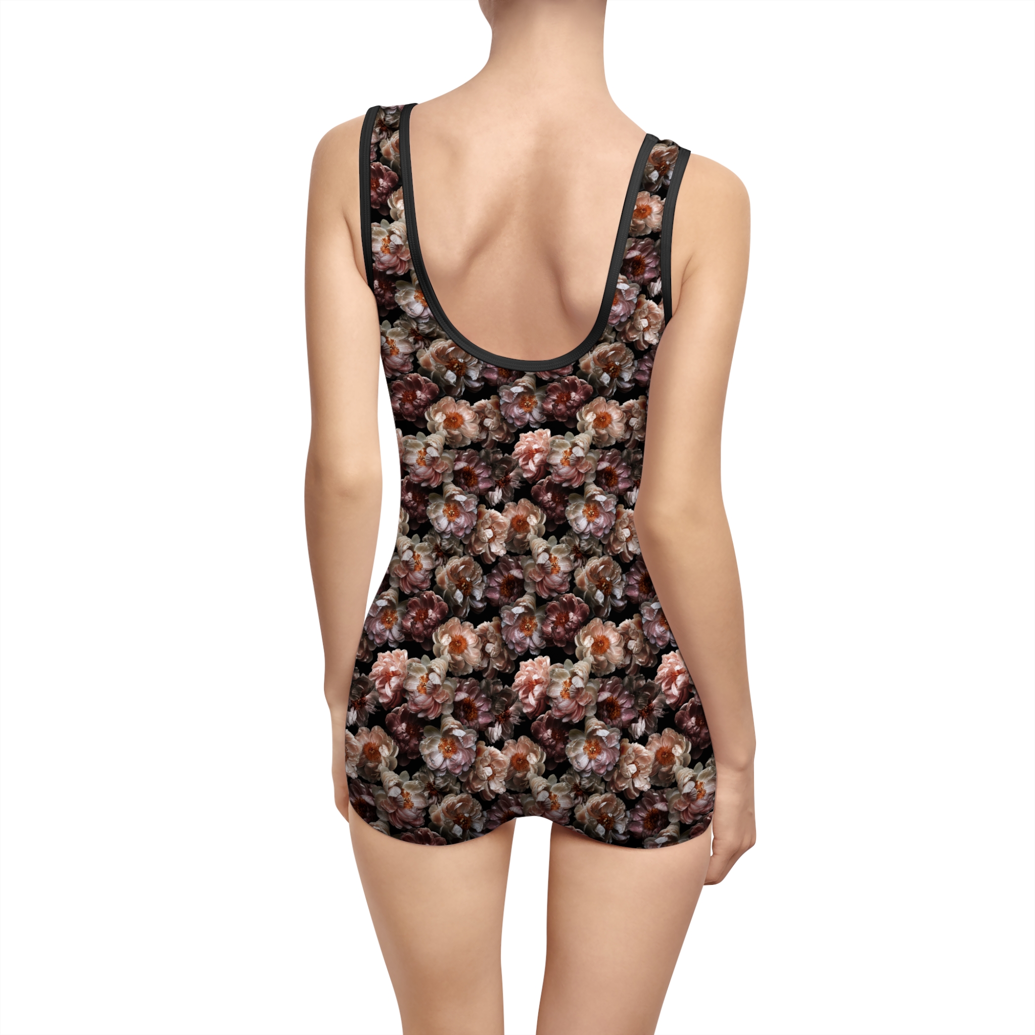 Romantic Antique Rose Botanical Print Black Women's Vintage Swimsuit (S.e.P.T.™)
