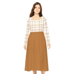 Chic White & Gold Chain Plaid Print Tan Women's Long Sleeve Dress (S.e.P.T.™)