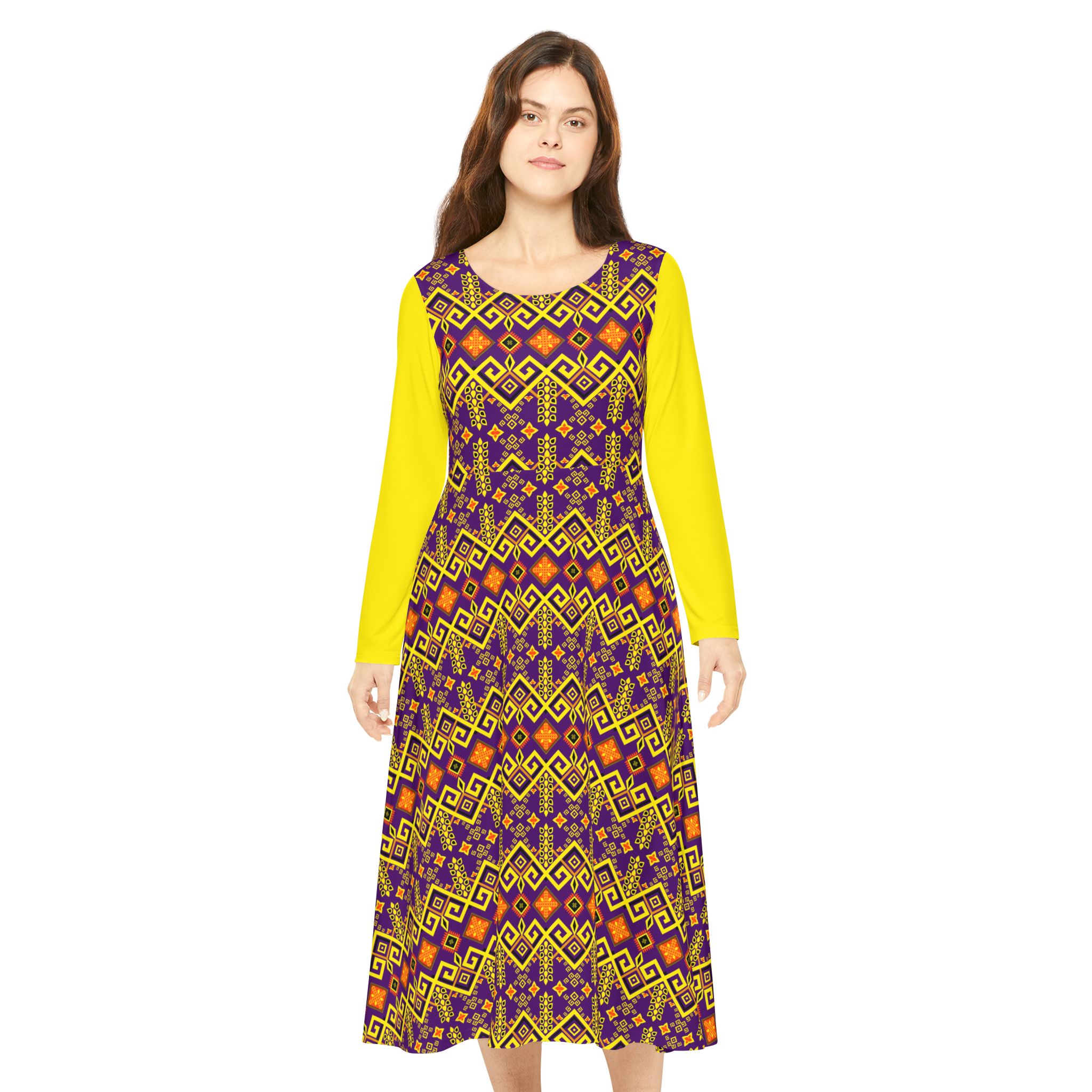Tribal Maze Geometric Gold & Purple Print Women's Long Sleeve Dress (S.e.P.T.™)