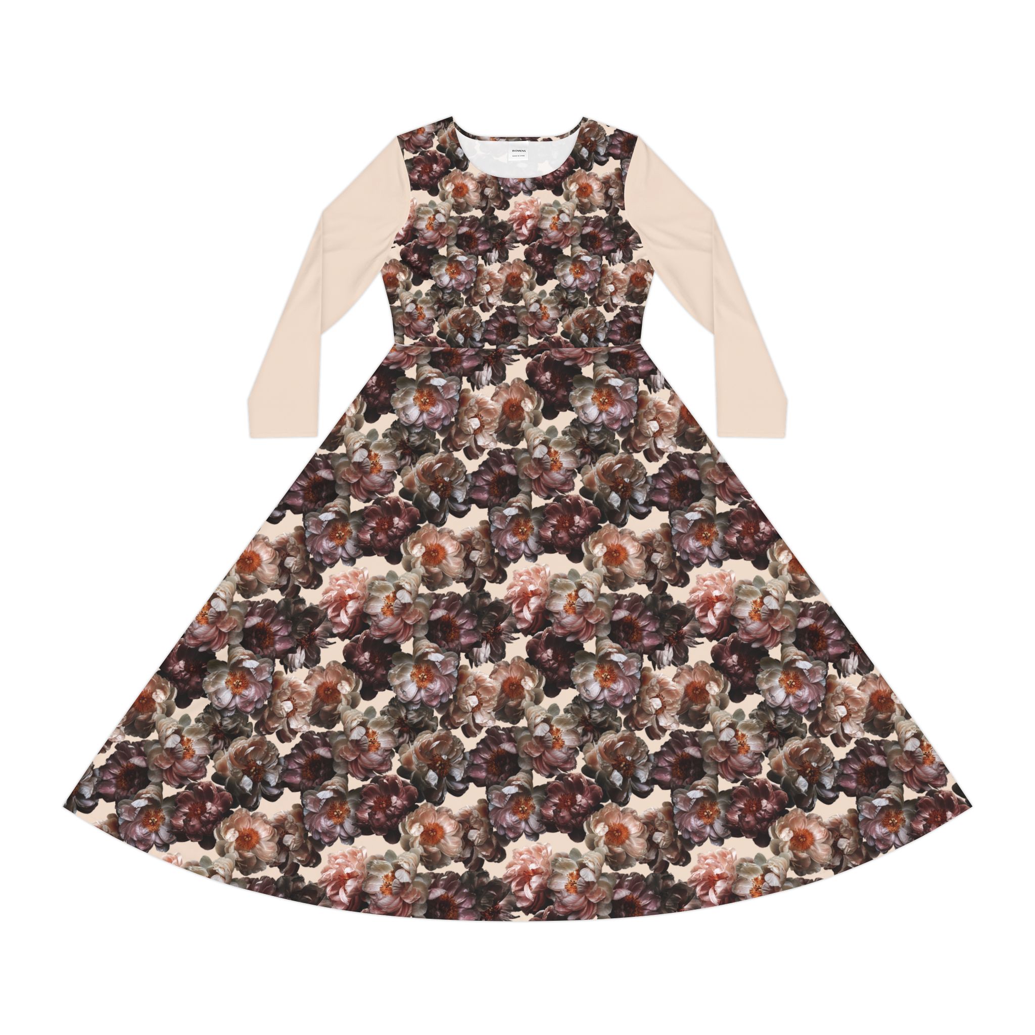 Romantic Vintage Rose Bouquet Botanical Print Tan Women's Long Sleeve Dress (S.e.P.T.™)