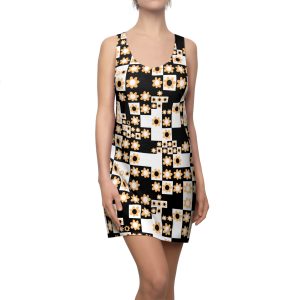 Retro Black & White Optical Flower Print Women's Racerback Dress (S.e.P.T.™)