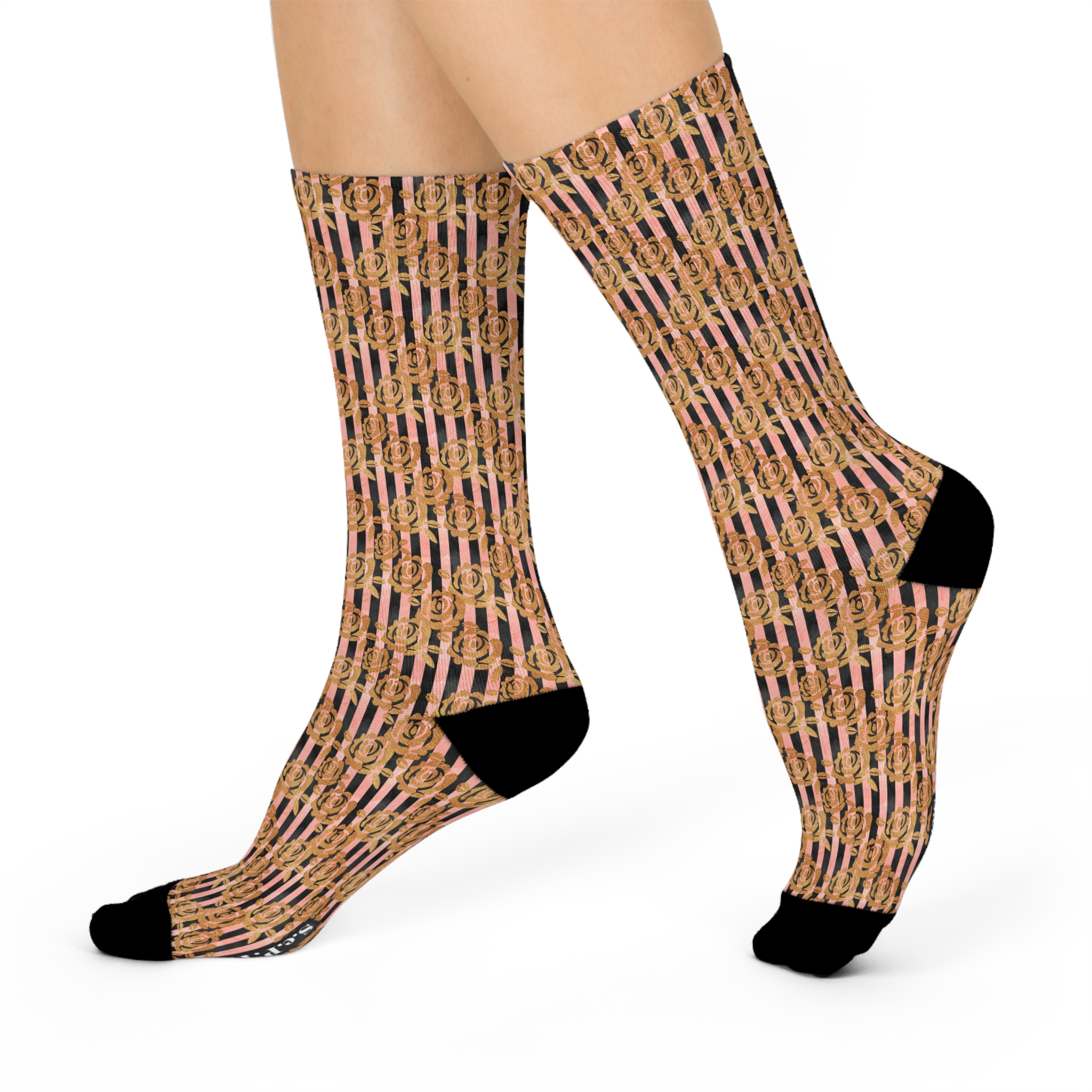 Designer Gold Rose Stripe Print Cushioned Crew Socks (S.e.P.T.™)
