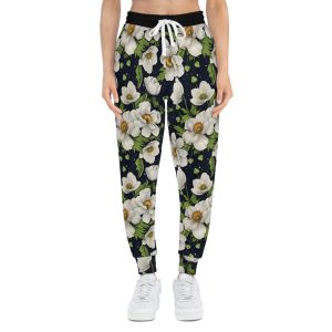 Elegant White Magnolia Floral Print Athletic Joggers (S.e.P.T.™)