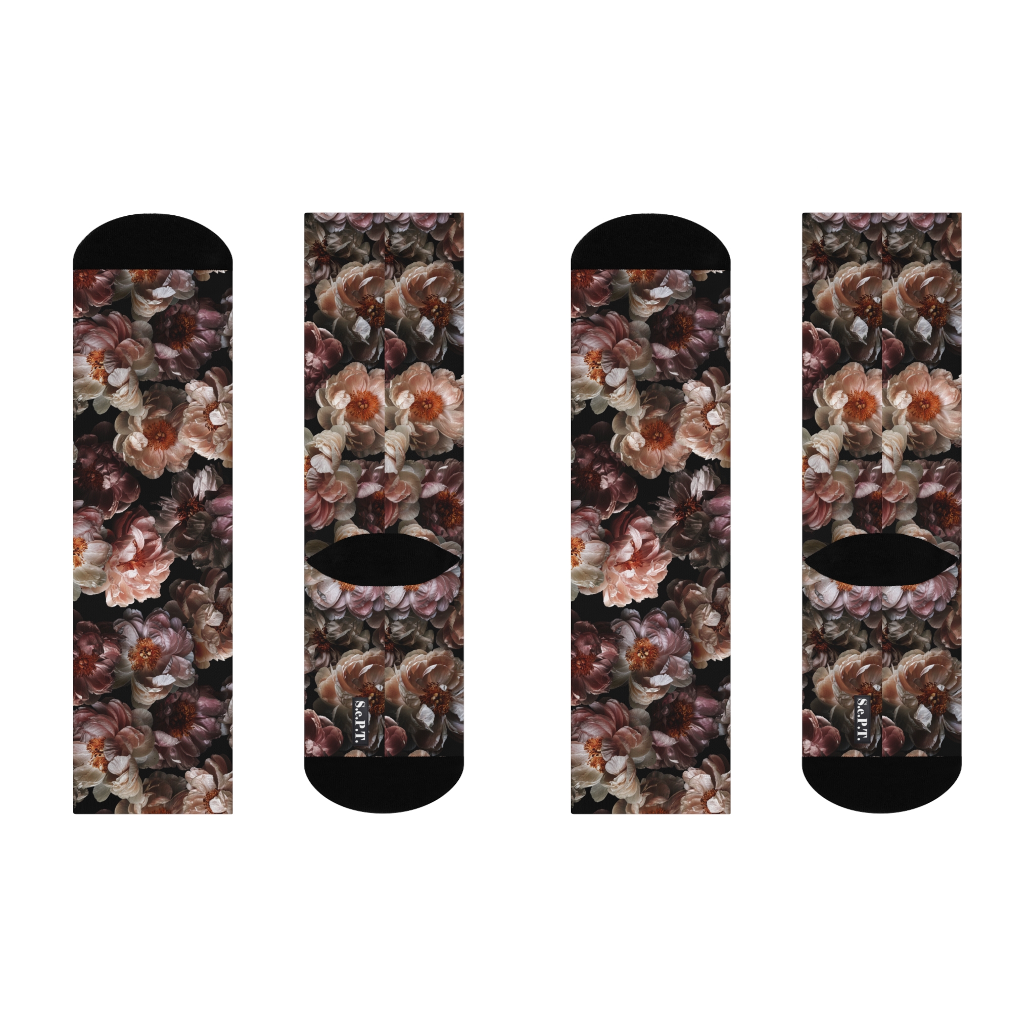 Romantic Antique Rose Botanical Print Black Cushioned Crew Socks (S.e.P.T.™)