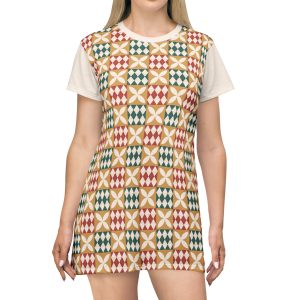 Warm Tones Holiday Harlequin Quilt Pattern T-Shirt Dress (S.e.P.T.™)